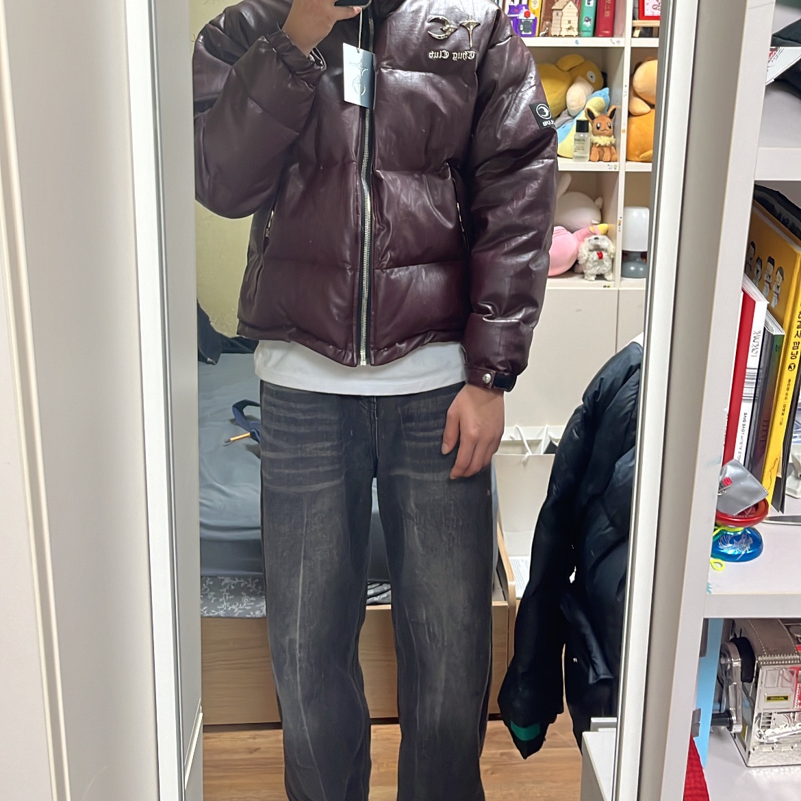 Thug Club Leather Puffer Jacket Purple 착용 스타일