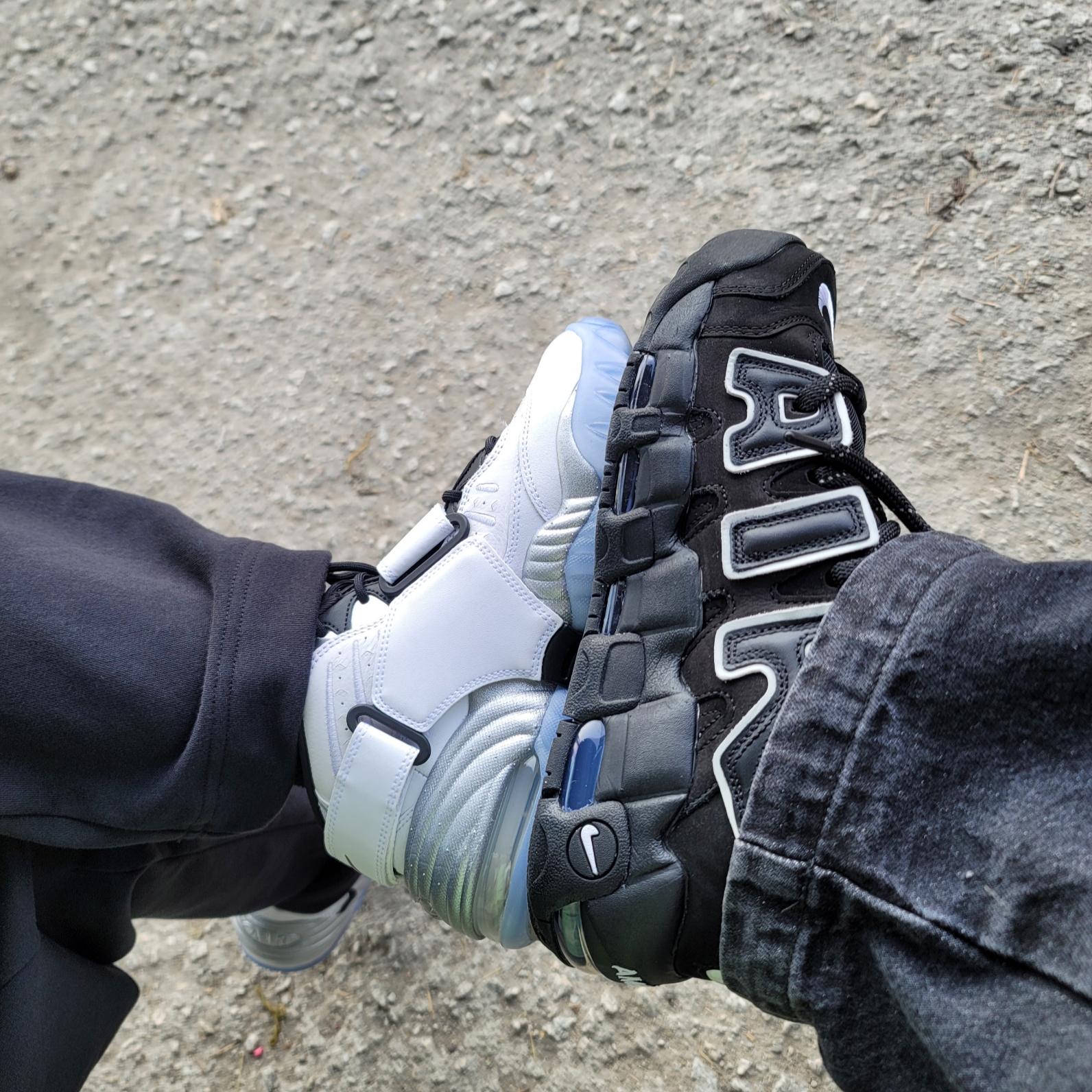 (W) Nike Air Adjust Force 2023 Vast Grey and Metallic Silver, Nike x Ambush Air More Uptempo Low Black and White 착용 스타일