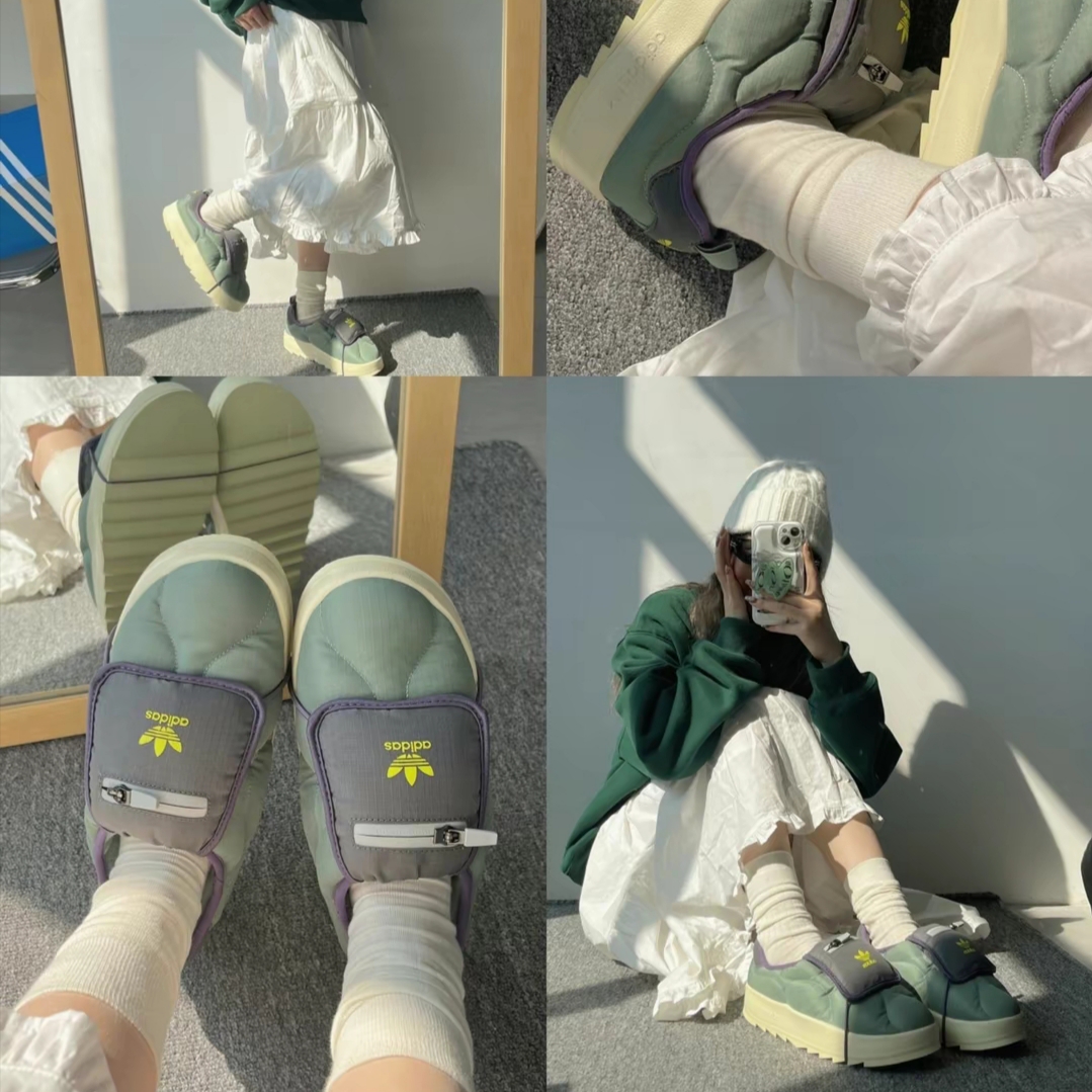 Adidas Puffylette Silver Green Grey 착용 스타일 - 1
