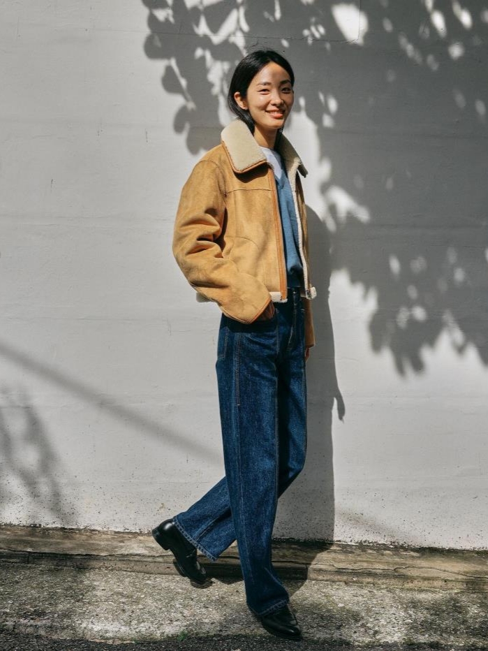 Millo Women Vintage Crack Shearling Jacket Deep Khaki, Haleine Shearing Crop Blouson Black 착용 스타일 - 5