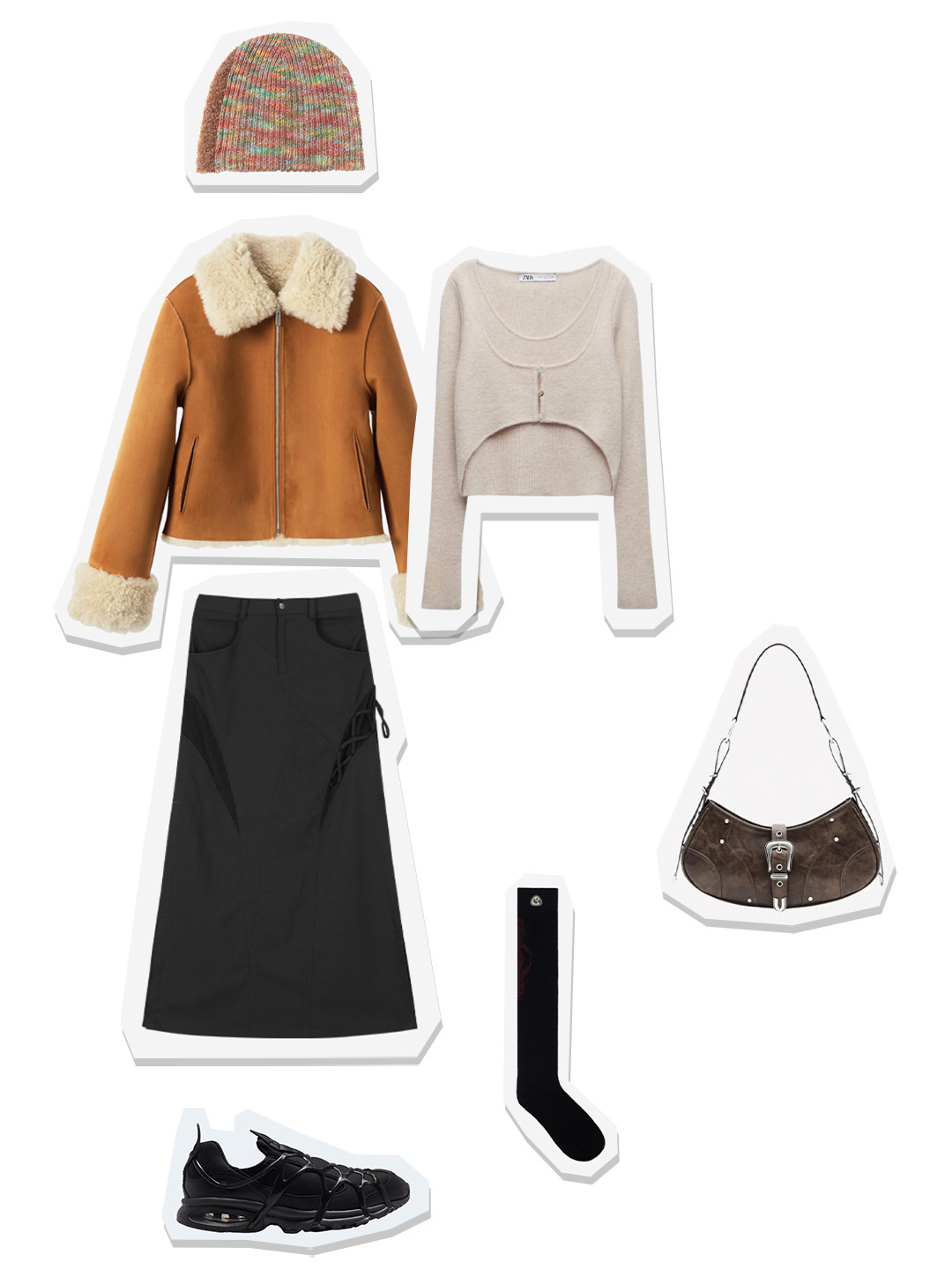 (W) Zara Wool Blend Sweater With Buttons Ecru, Art of Field Unbalance Ribbon Long Skirt Dark Gray 착용 스타일 - 1