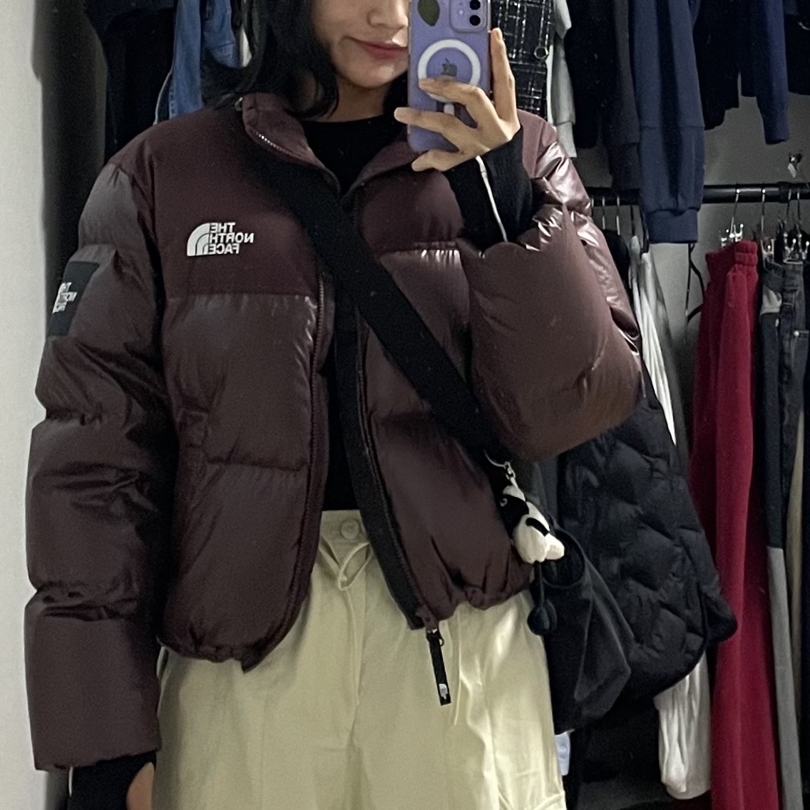 (W) The North Face White Label Novelty Nuptse Down Jacket Cocoa Brown, (W) Nike Dunk Low Triple White 착용 스타일 - 2