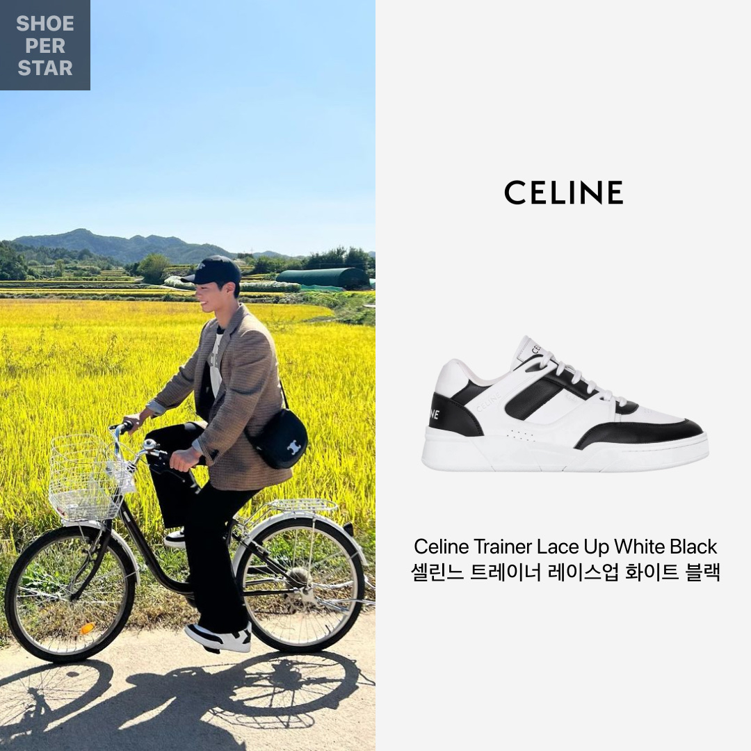 Celine Trainer CT-07 Low Lace-Up Sneakers in Calfskin Optic White Black 착용 스타일 - 1