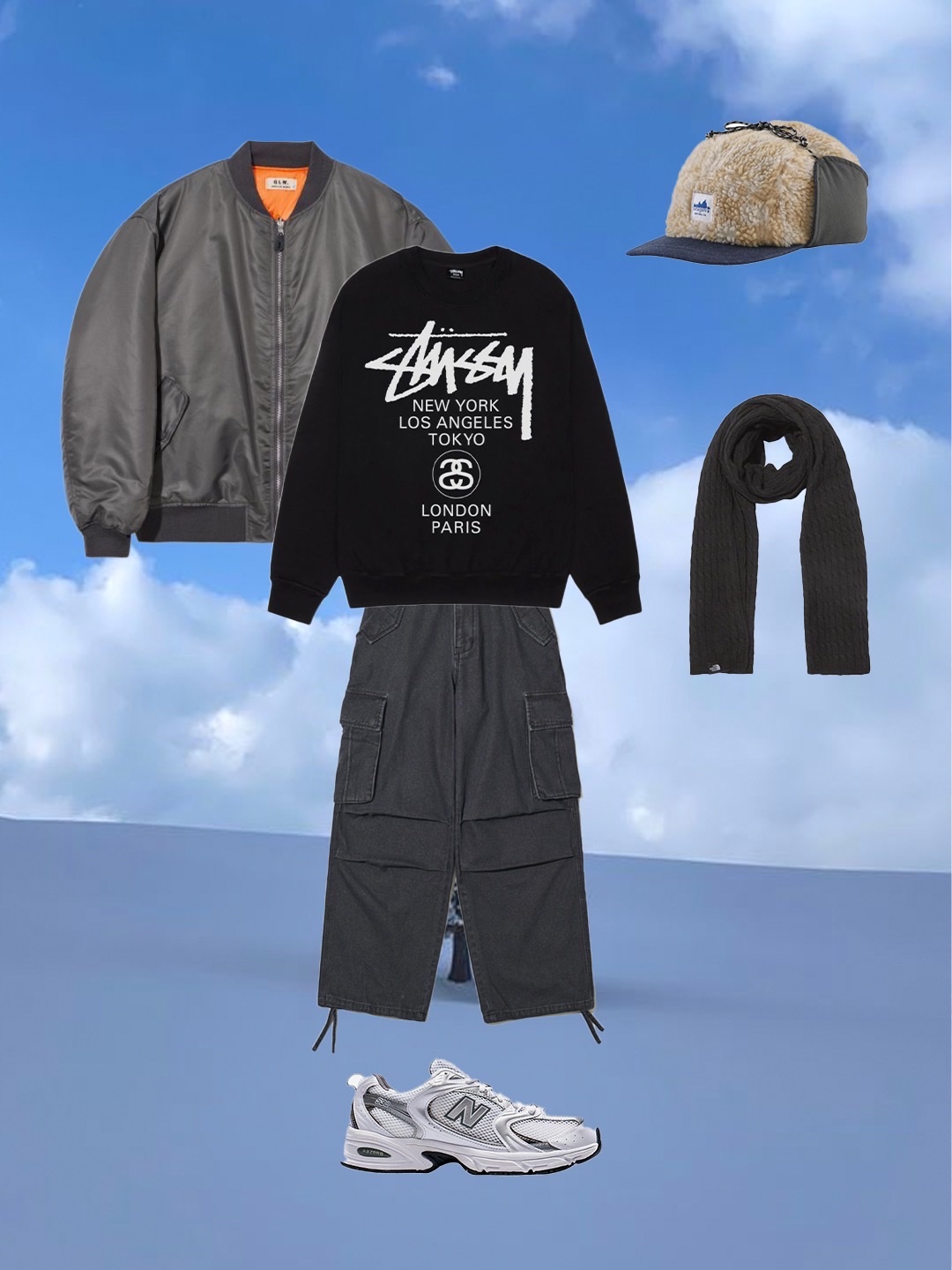Stussy World Tour Crew Pigment Dyed Black, Patagonia Range Earflap Cap Penguin Squawk 착용 스타일 - 2