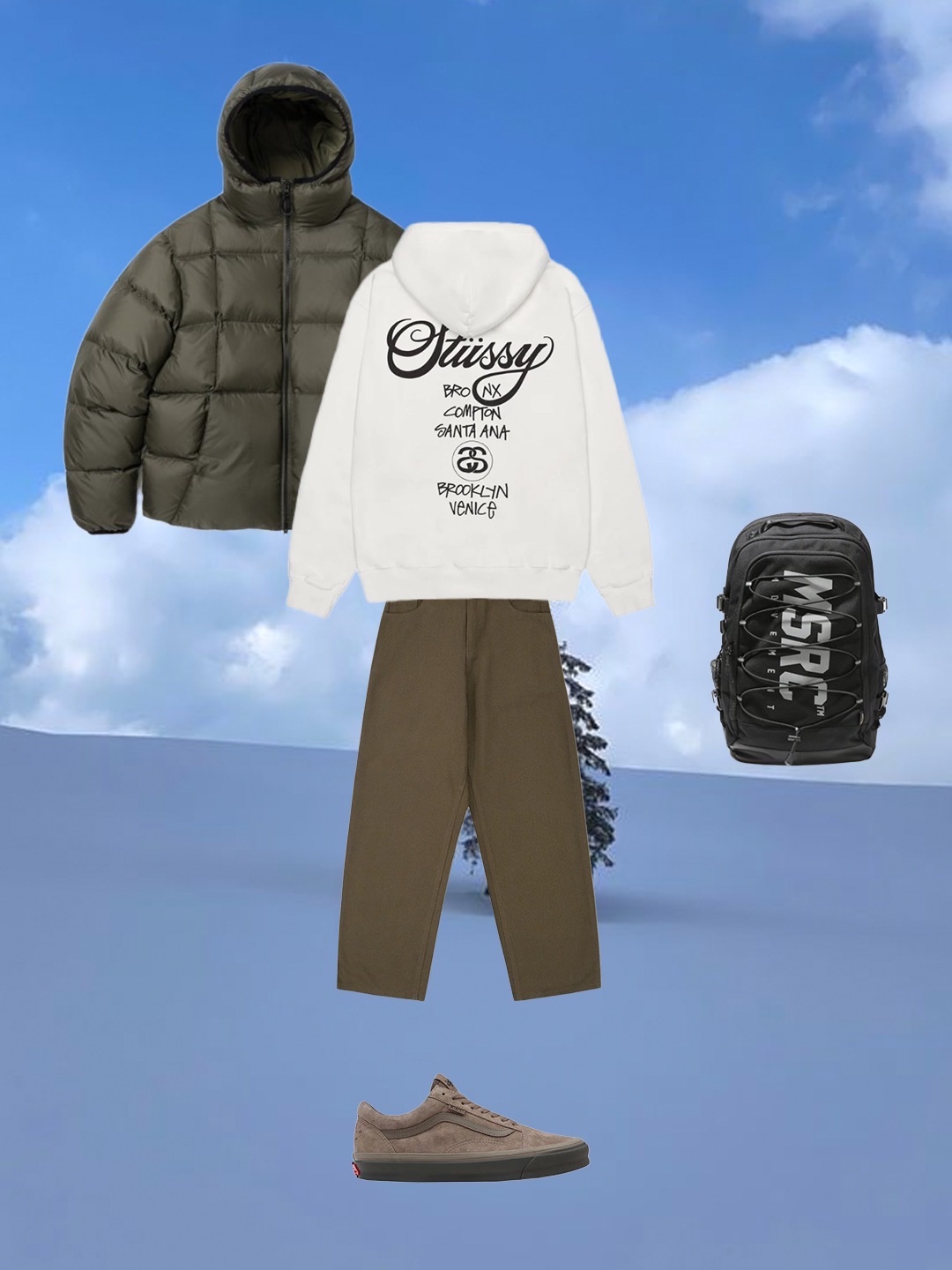Stussy World Tour Crew Pigment Dyed Black, Patagonia Range Earflap Cap Penguin Squawk 착용 스타일 - 4