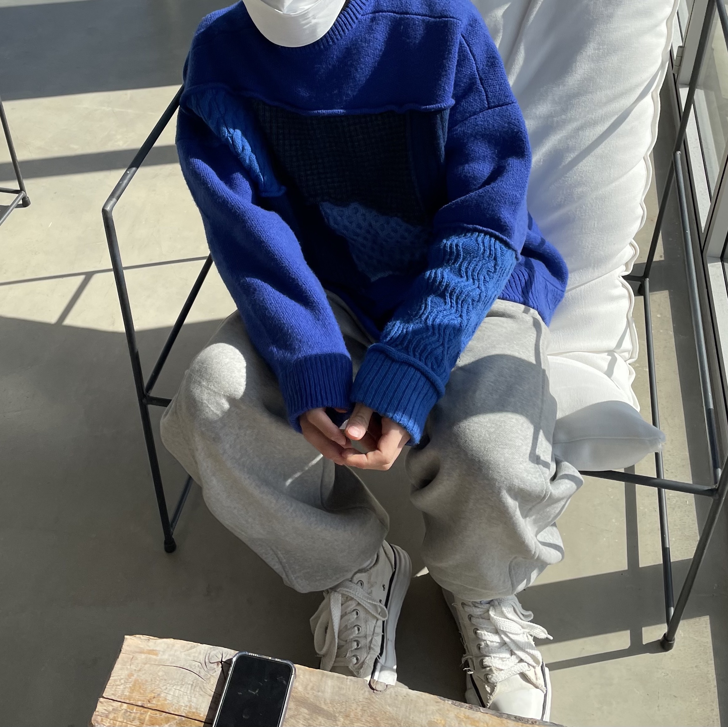 Zara x Ader Error Patchwork Oversize Sweater Blue 착용 스타일 - 1
