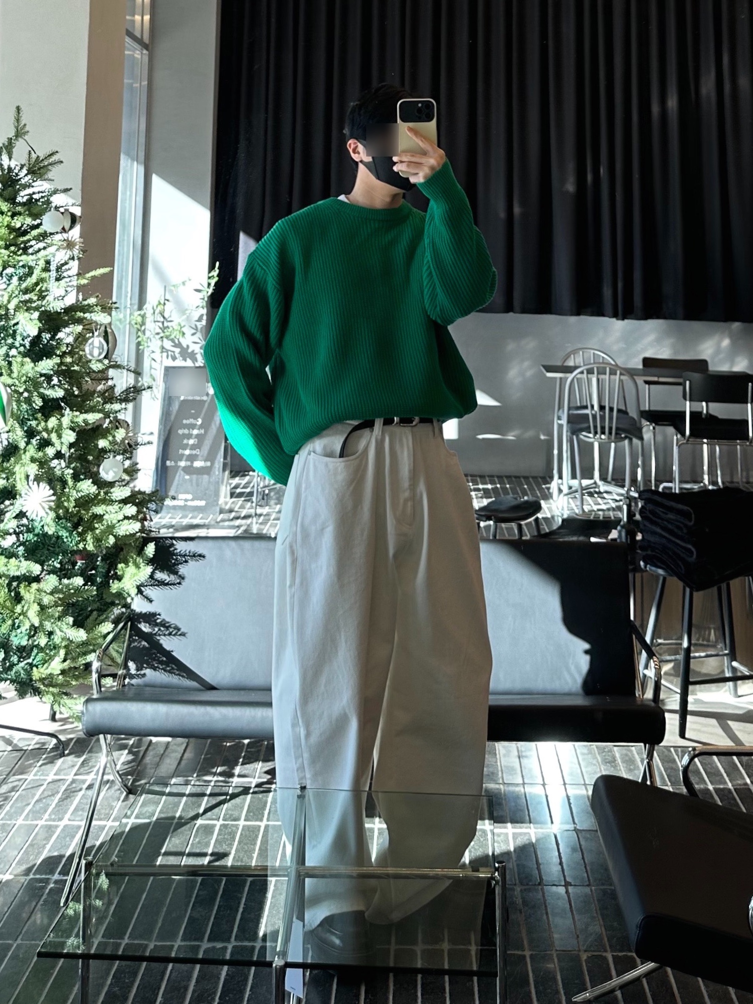 STU Wide Cotton Pants Cream, Our Legacy Belt 2cm Leather Black 착용 스타일 - 2