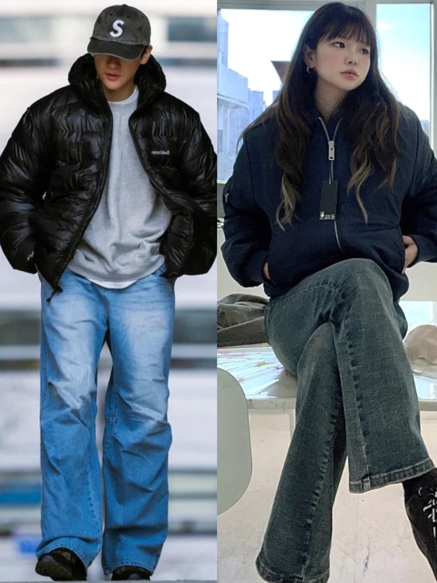 Supreme S Logo Zip Up Hooded Sweatshirt Black - 23FW, Supreme Snap Off Baggy Jean Washed Blue - 23FW 착용 스타일 - 3