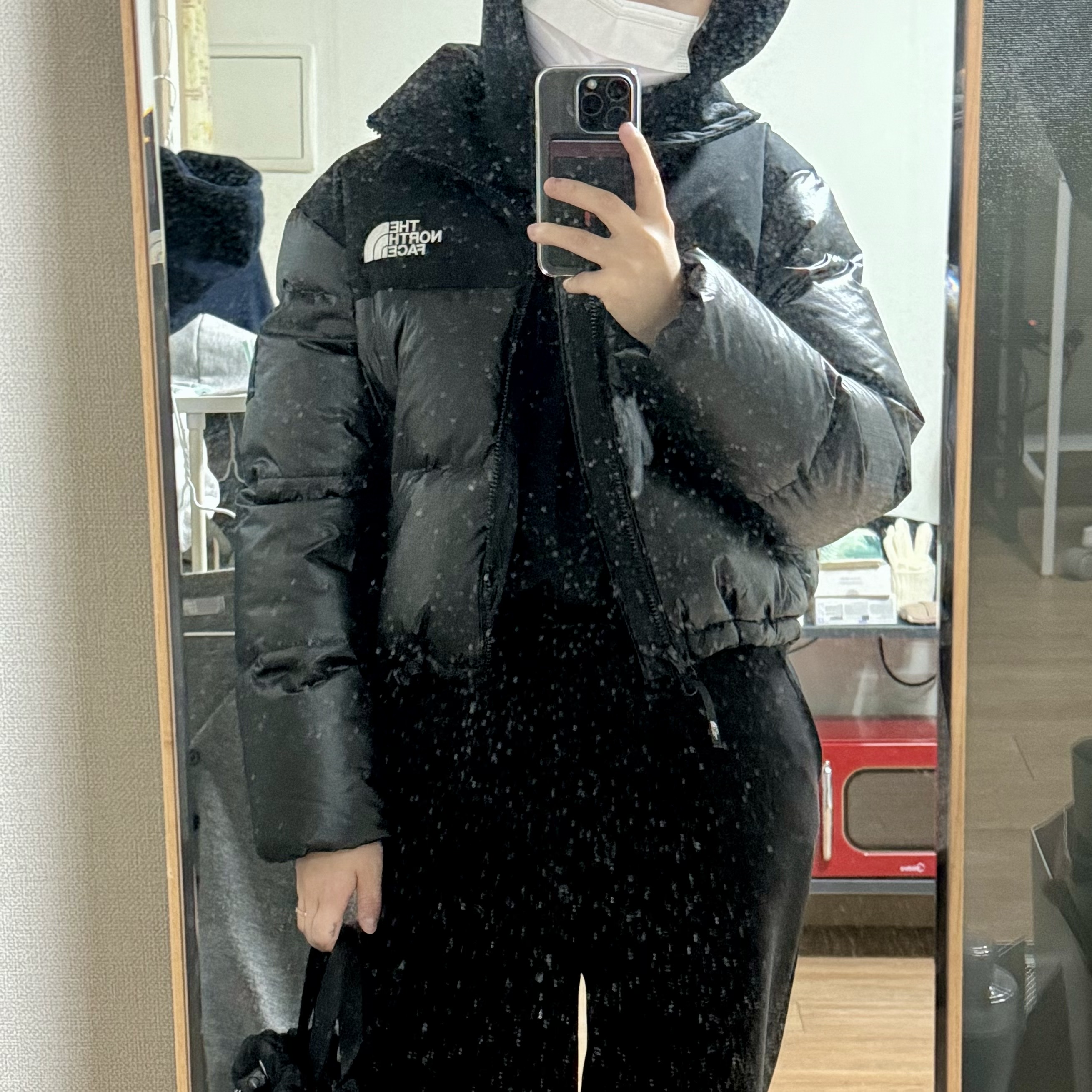 (W) The North Face White Label Novelty Nuptse Down Jacket Black 착용 스타일