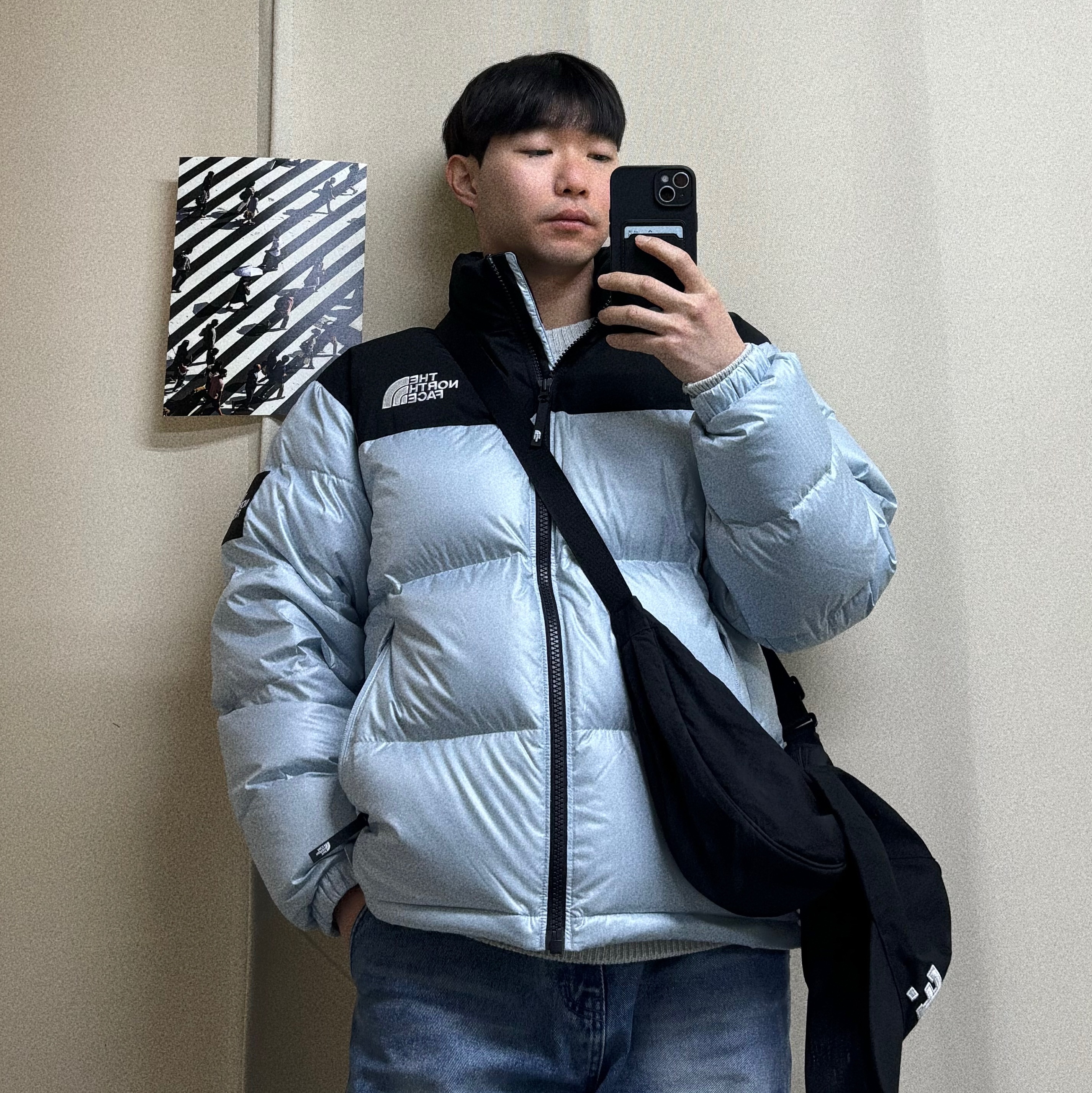 The North Face White Label Novelty Nuptse Down Jacket Sky Blue 착용 스타일