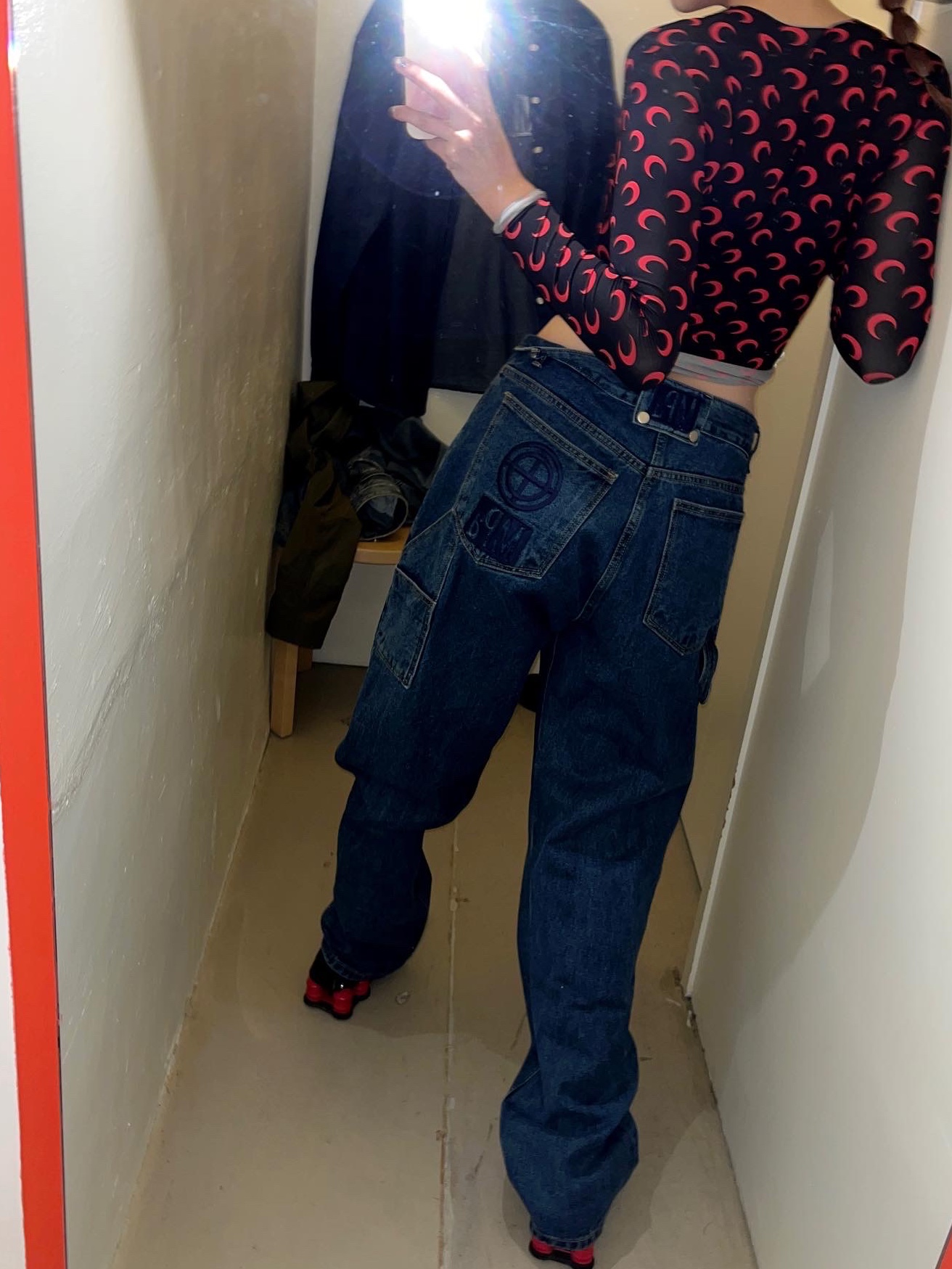 Nike x Martine Rose Shox MR4 Black, (W) Marine Serre Second Skin Top Red Moon 착용 스타일 - 2