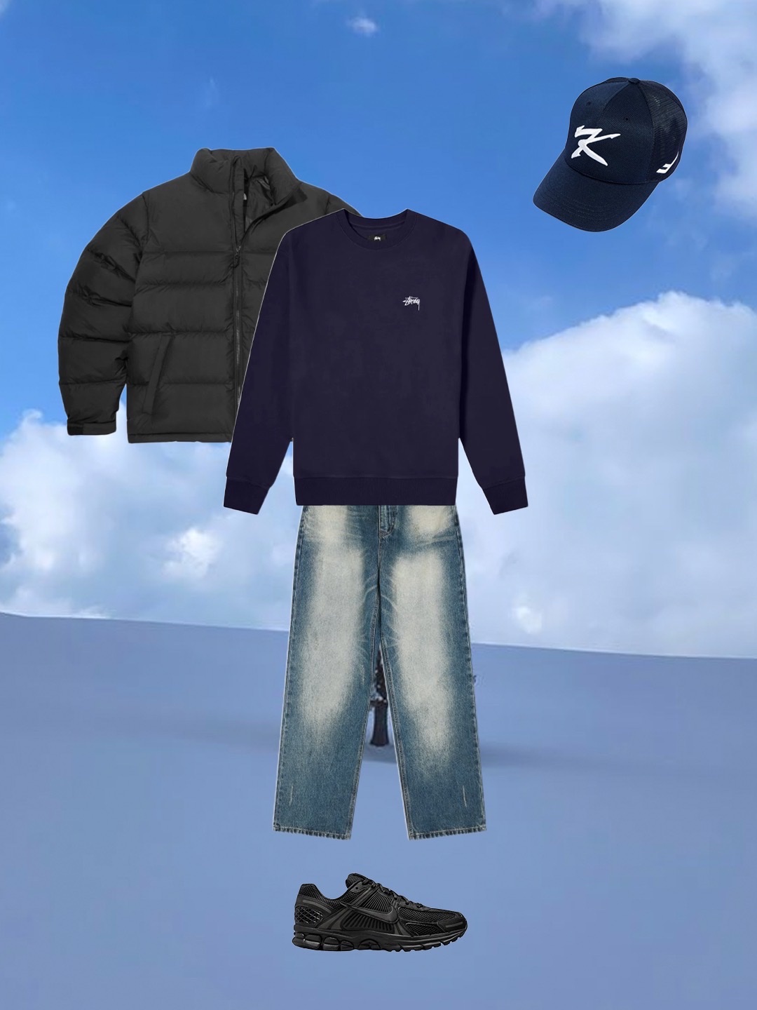 Stussy World Tour Crew Pigment Dyed Black, Patagonia Range Earflap Cap Penguin Squawk 착용 스타일 - 3