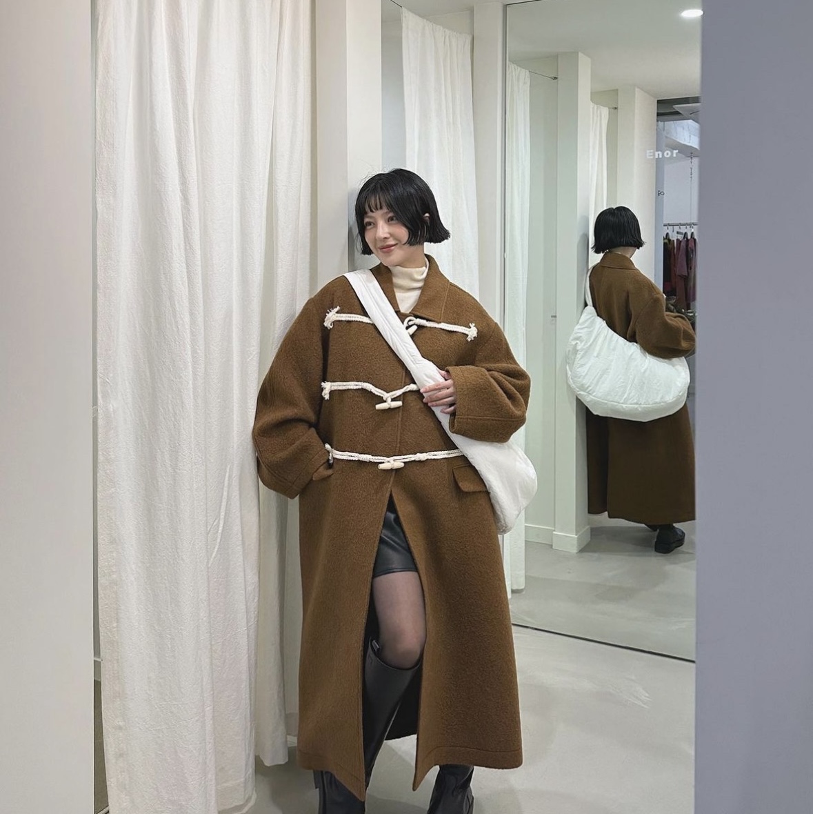 En Or Women SuedeLined Shearing Coat Ivory 착용 스타일 - 1