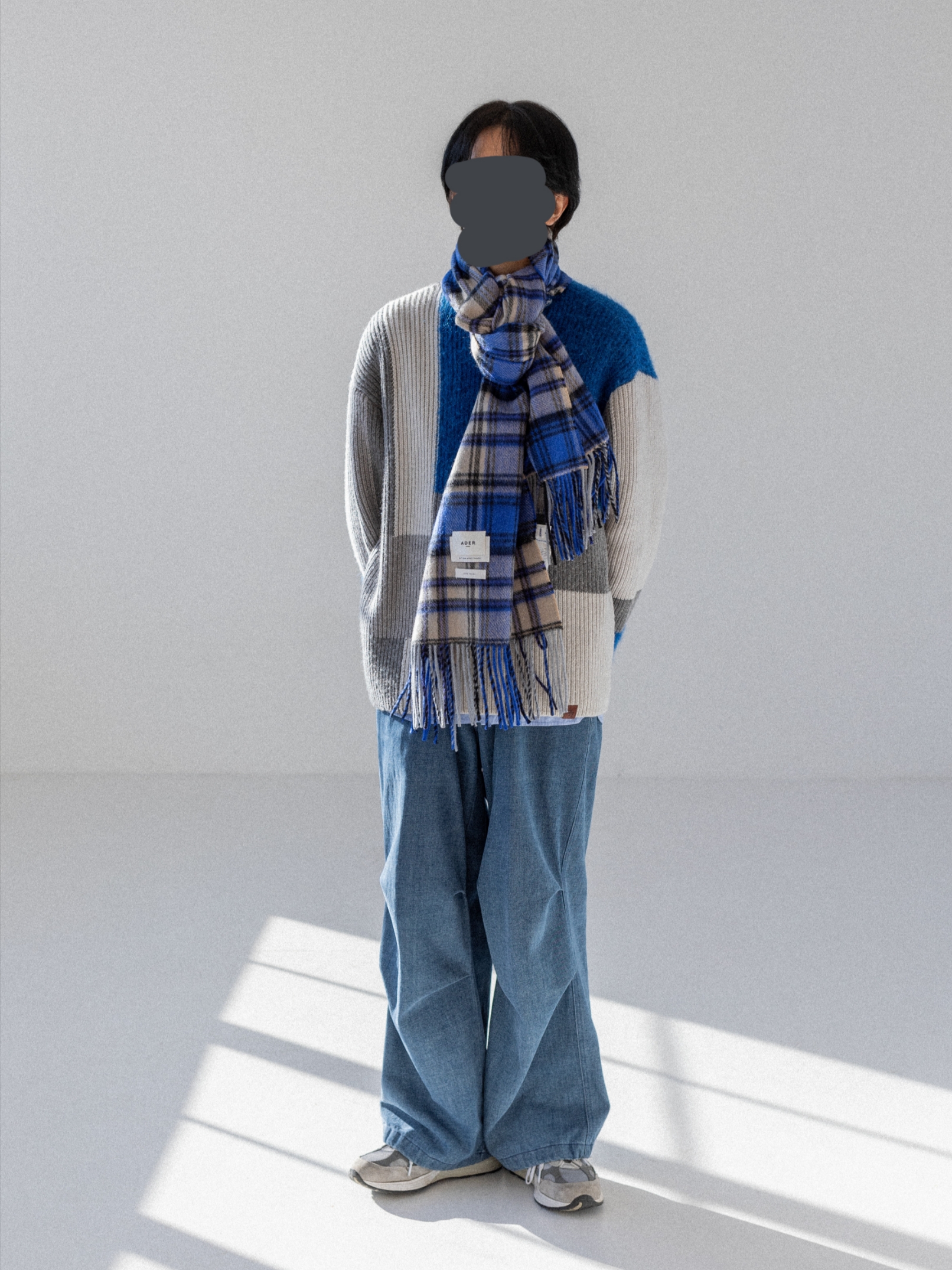 Zara x Ader Error Patchwork Oversize Knit Sweater Multicolor, Ader Error Revint Plaid Muffler Z-Blue 착용 스타일 - 2