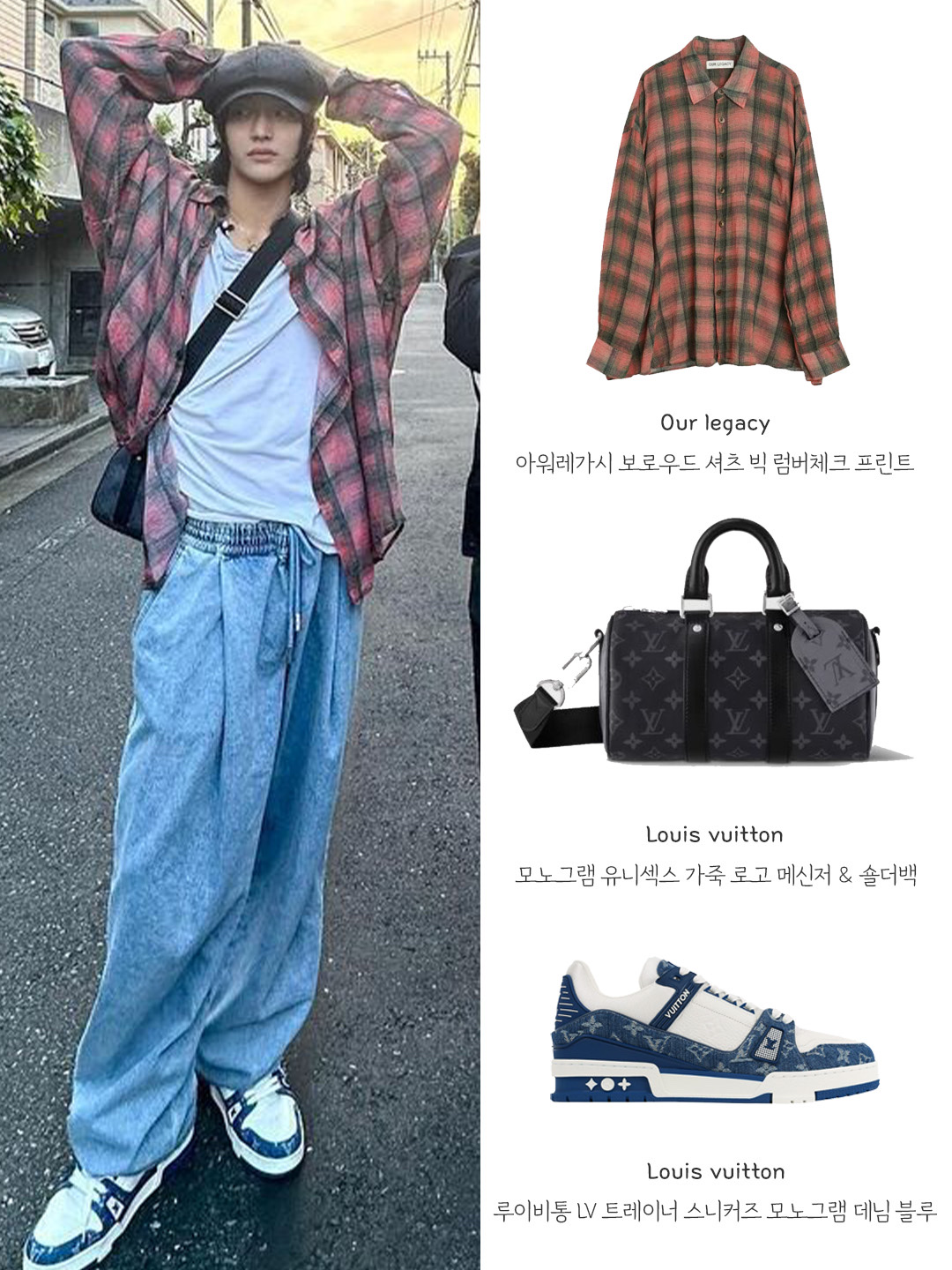 Our Legacy Borrowed Shirt Big Lumbercheck Print, Louis Vuitton LV Trainer Sneakers Monogram Denim Blue 착용 스타일