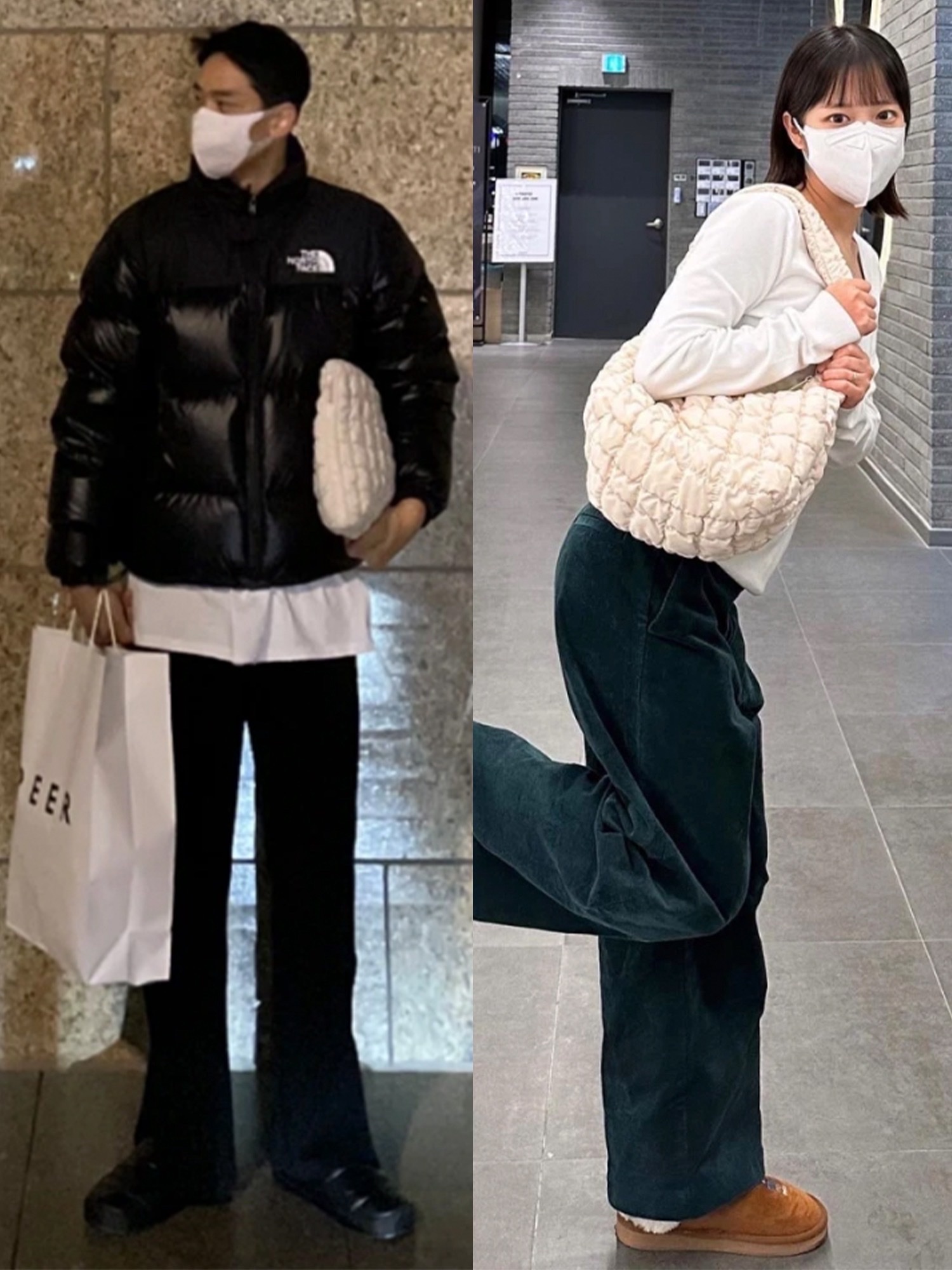 New Balance Puflee v2 Beige, The North Face Nuptse Mule Black 착용 스타일 - 2