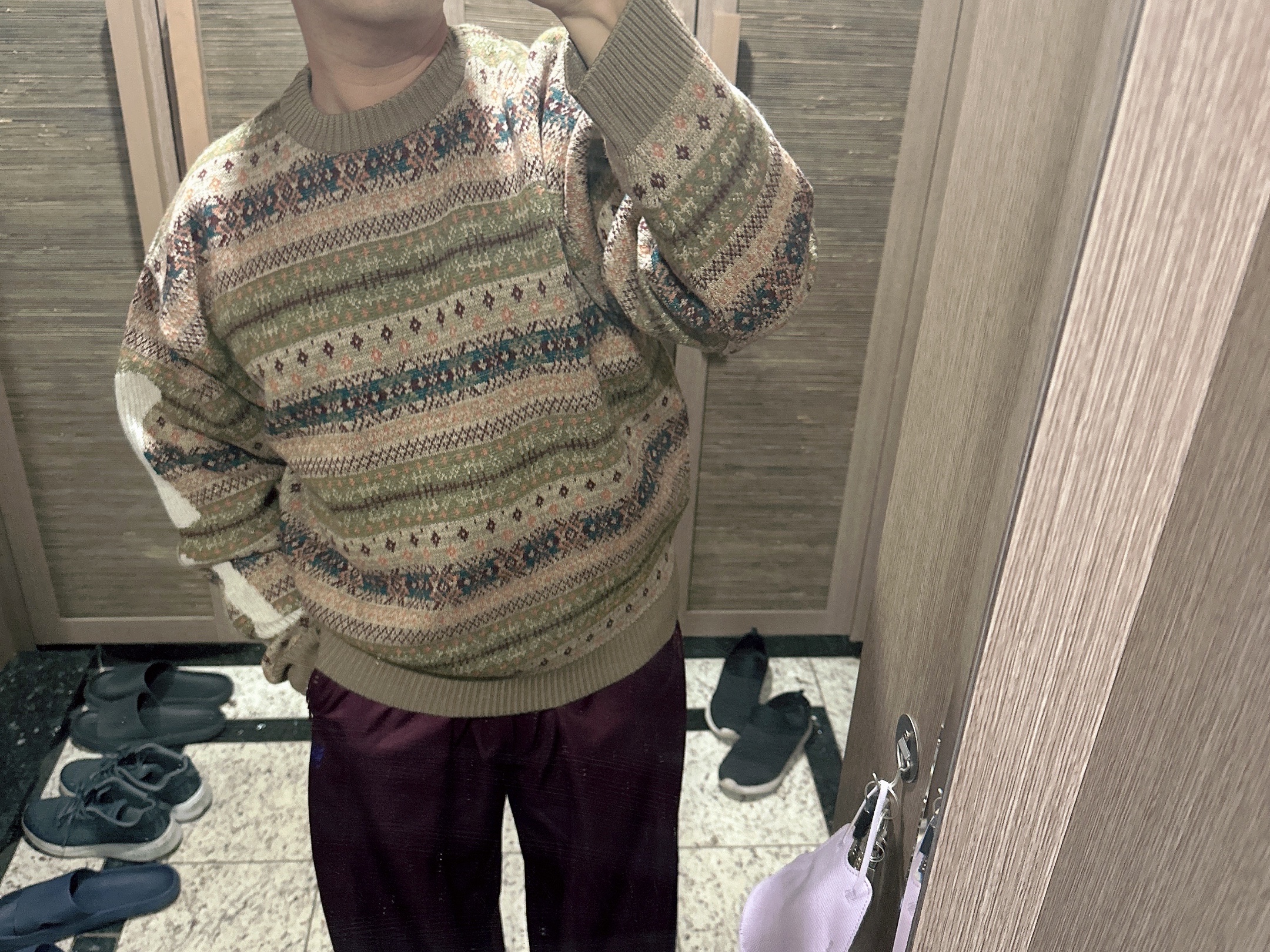 Kapital 7G Wool Fair Isle Bone Crew Sweater Orange 착용 스타일 - 2