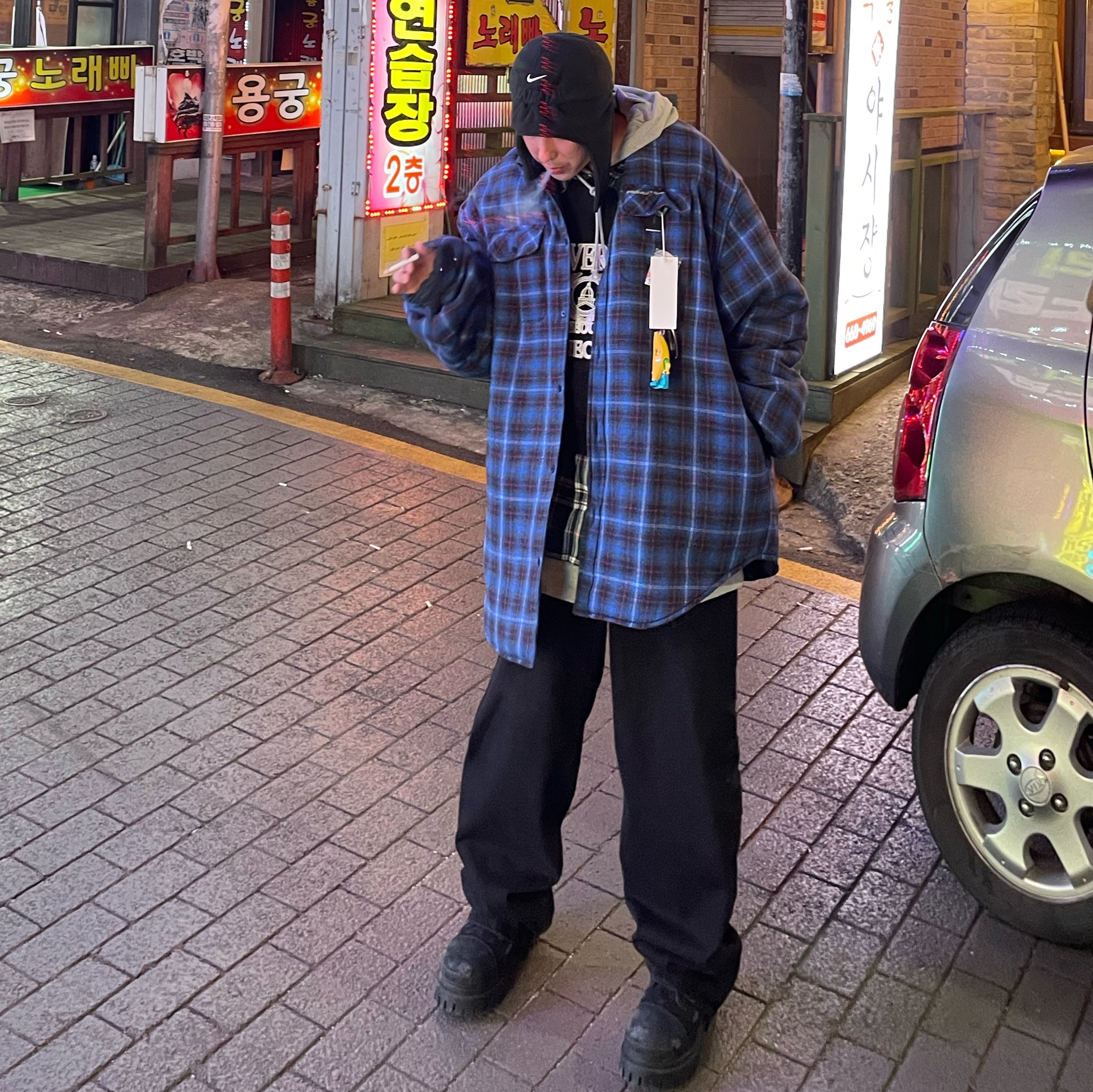 Project G/R Reversible Padded Check Shirt Navy, Project G/R Backward Denim Pants Black 착용 스타일