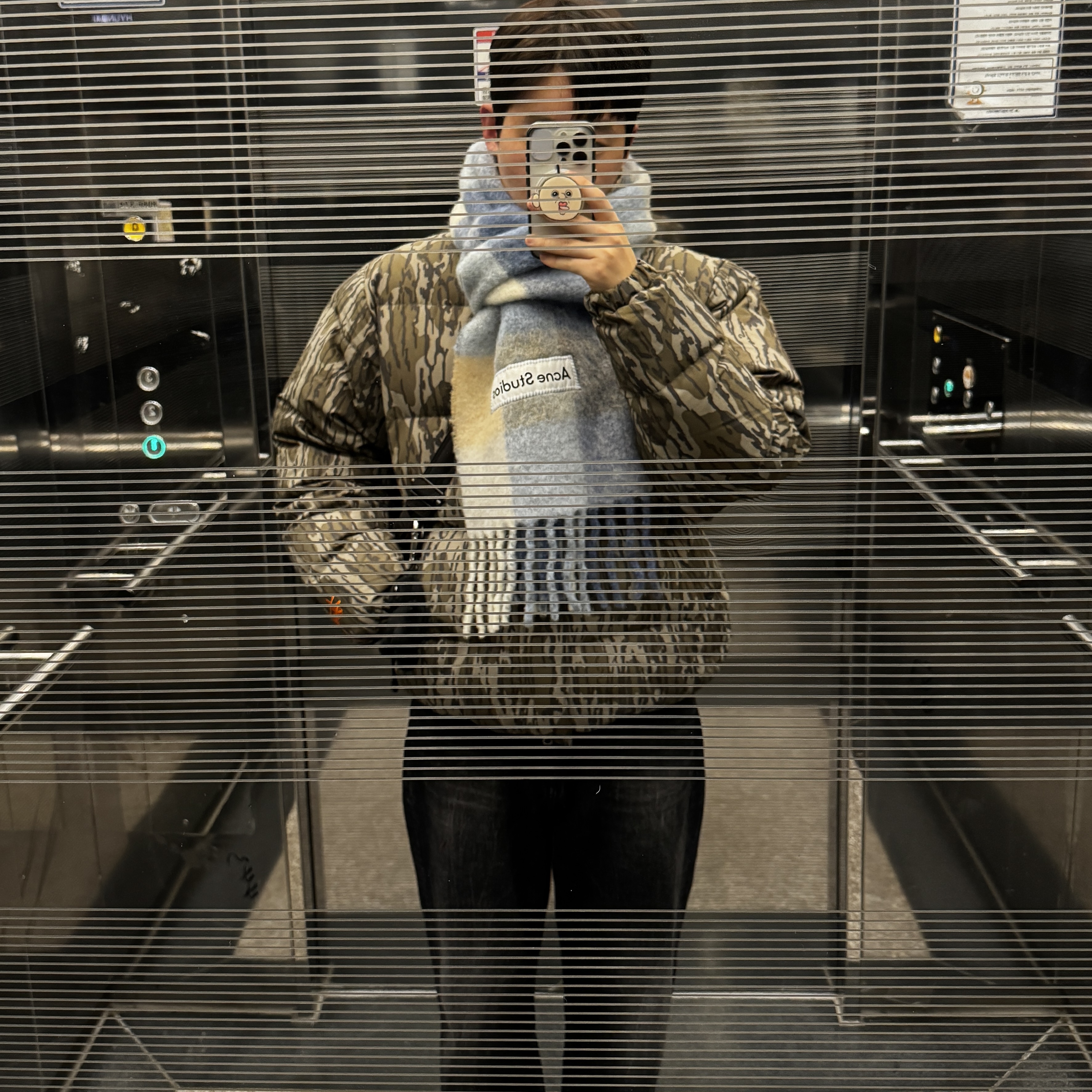 Acne Studios Mohair Check Muffler Pastel Blue Beige, Stussy Mossy Oak Down Puffer Jacket Camo 착용 스타일