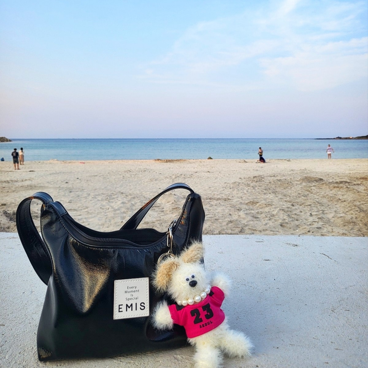 Margesherwood Wood Keyring with T-Shirt White Pink, Emis Emis Hobo Bag Black 착용 스타일