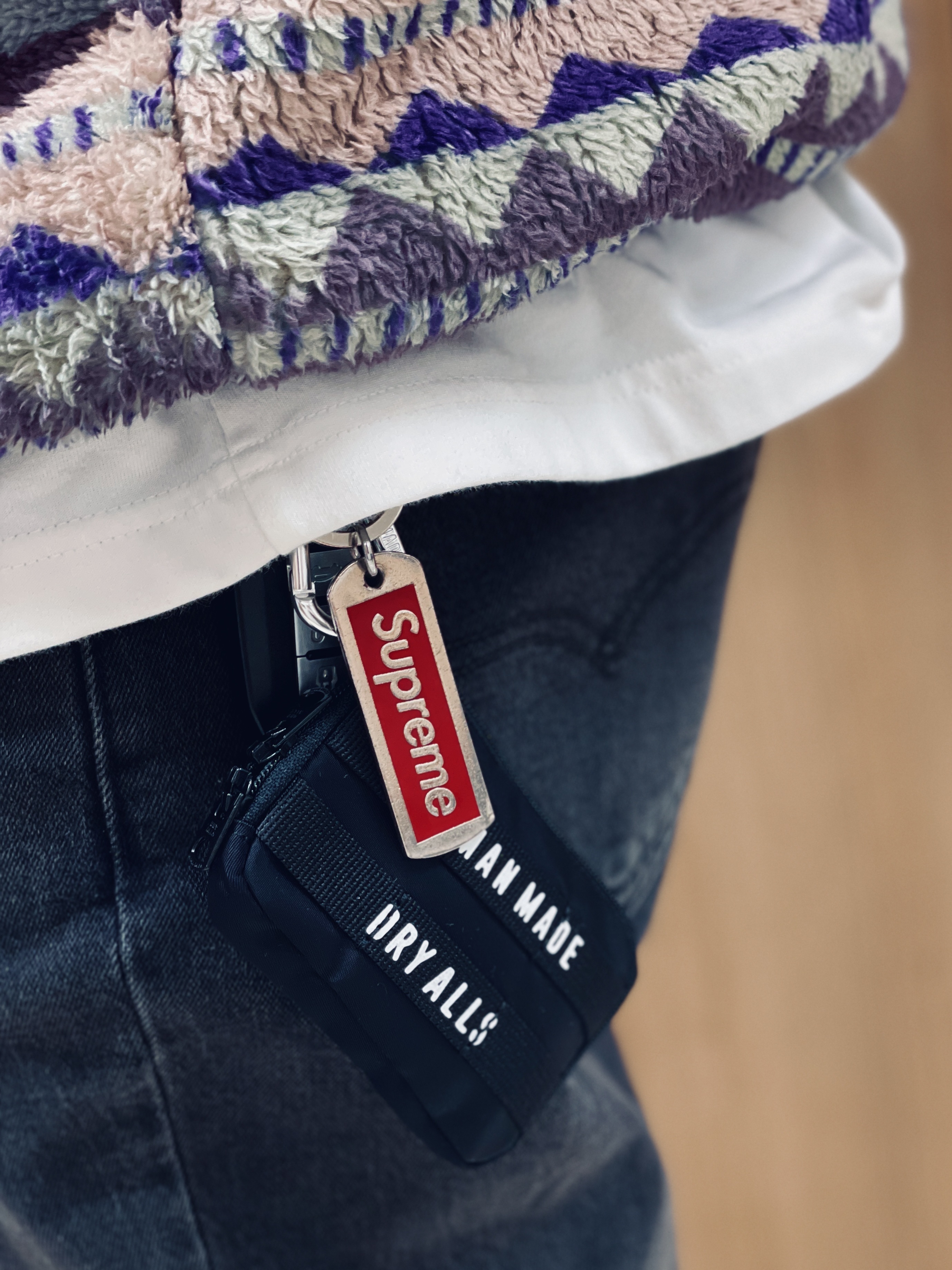 Kapital Ashland Stripe & Bone Fleece Zip Blouson Purple, Human Made Military Card Case Black 착용 스타일 - 1