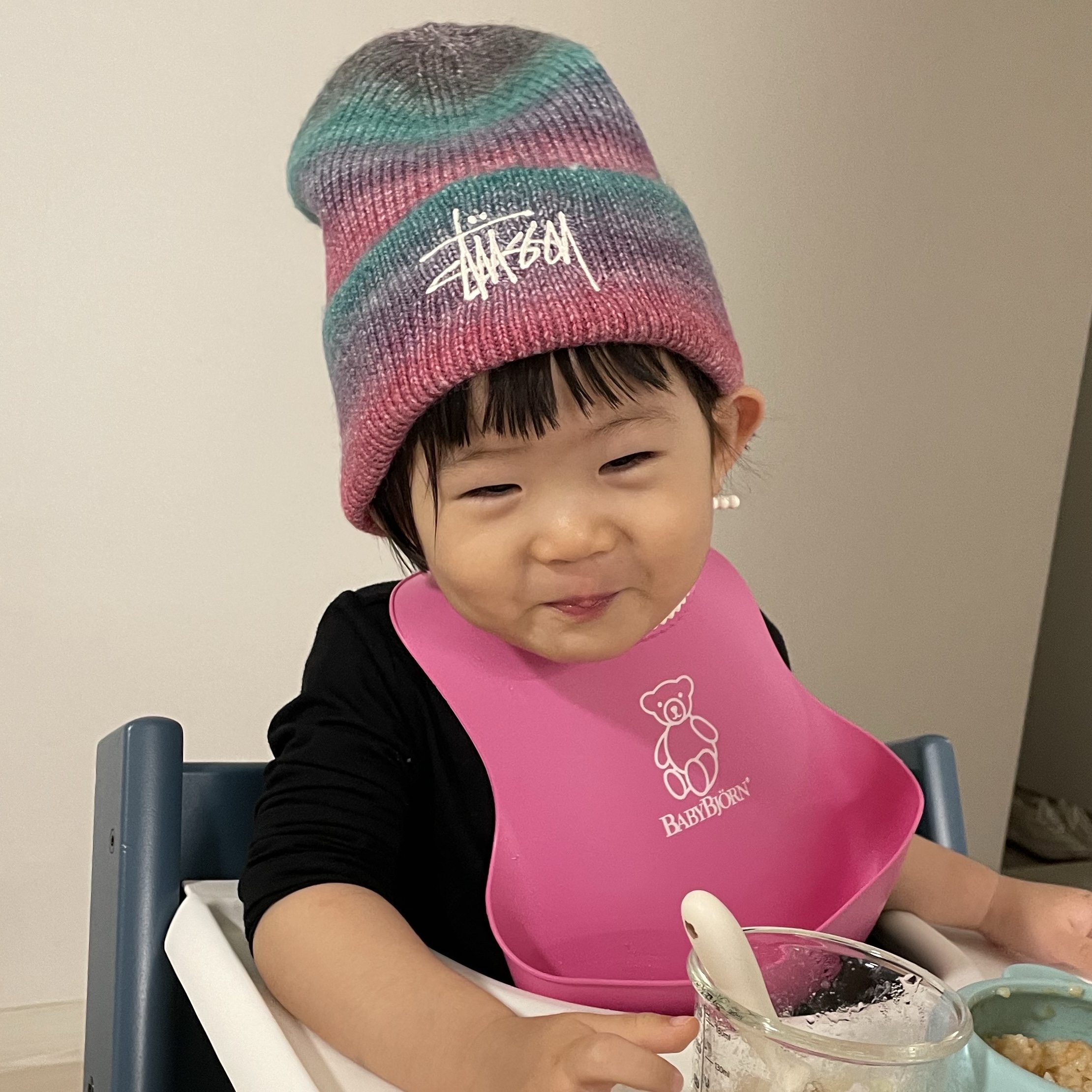 Stussy Cuff Beanie Spray Stripe Teal Multi 착용 스타일
