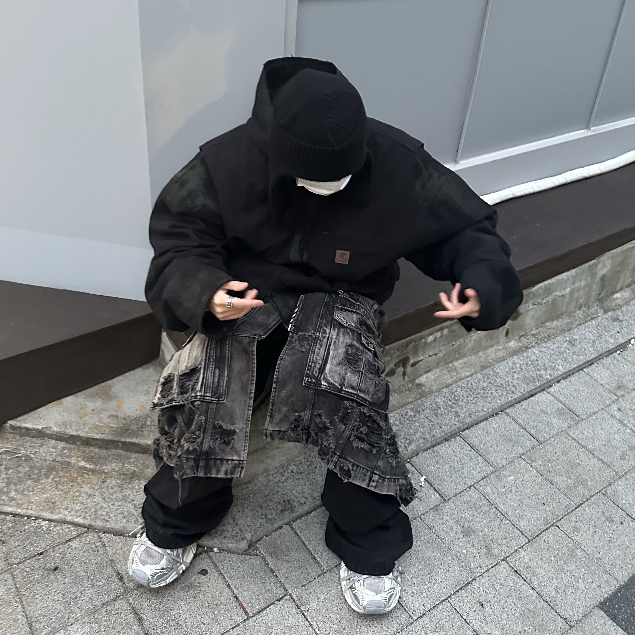 Project G/R Distressed Mud Work Jacket Black, Project G/R Flare Jeans Black 착용 스타일 - 6