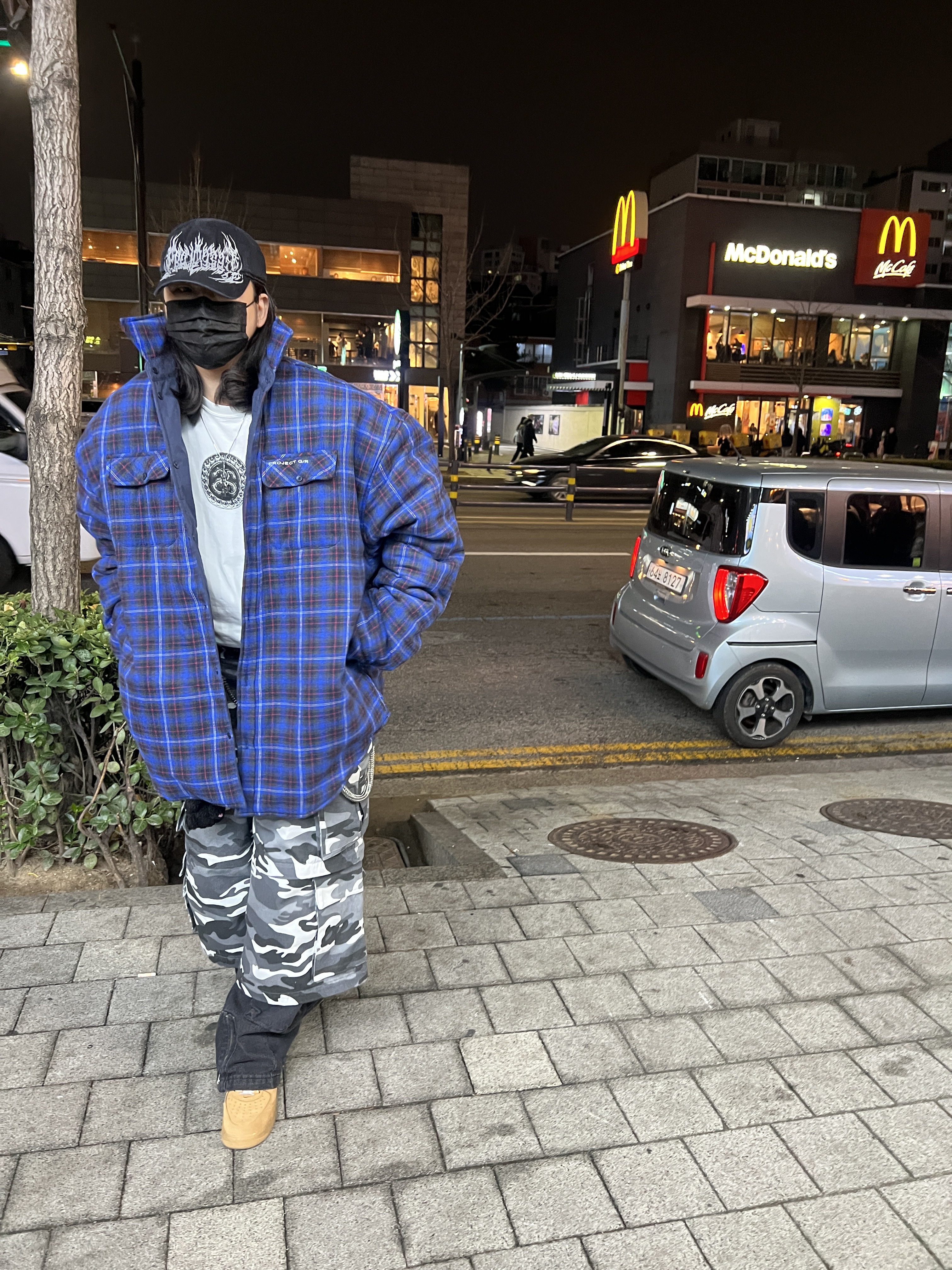 Project G/R Metalic Logo Cap Black, Project G/R Reversible Padded Check Shirt Navy 착용 스타일 - 4