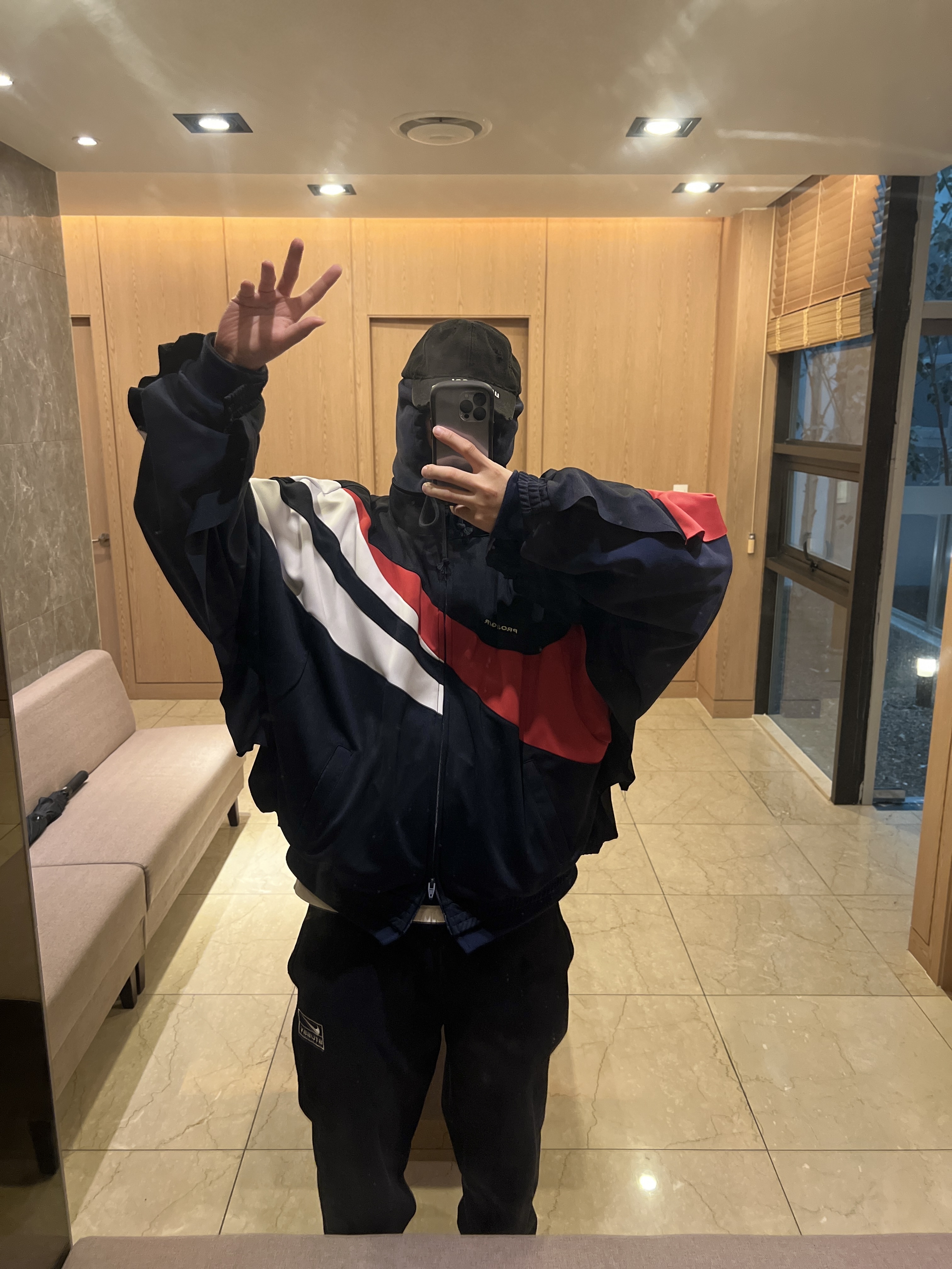 Project G/R Hybrid Hooded Track Jacket Navy, Nike x Stussy NRG Washed Fleece Pants Black (DO5296-010) 착용 스타일 - 2