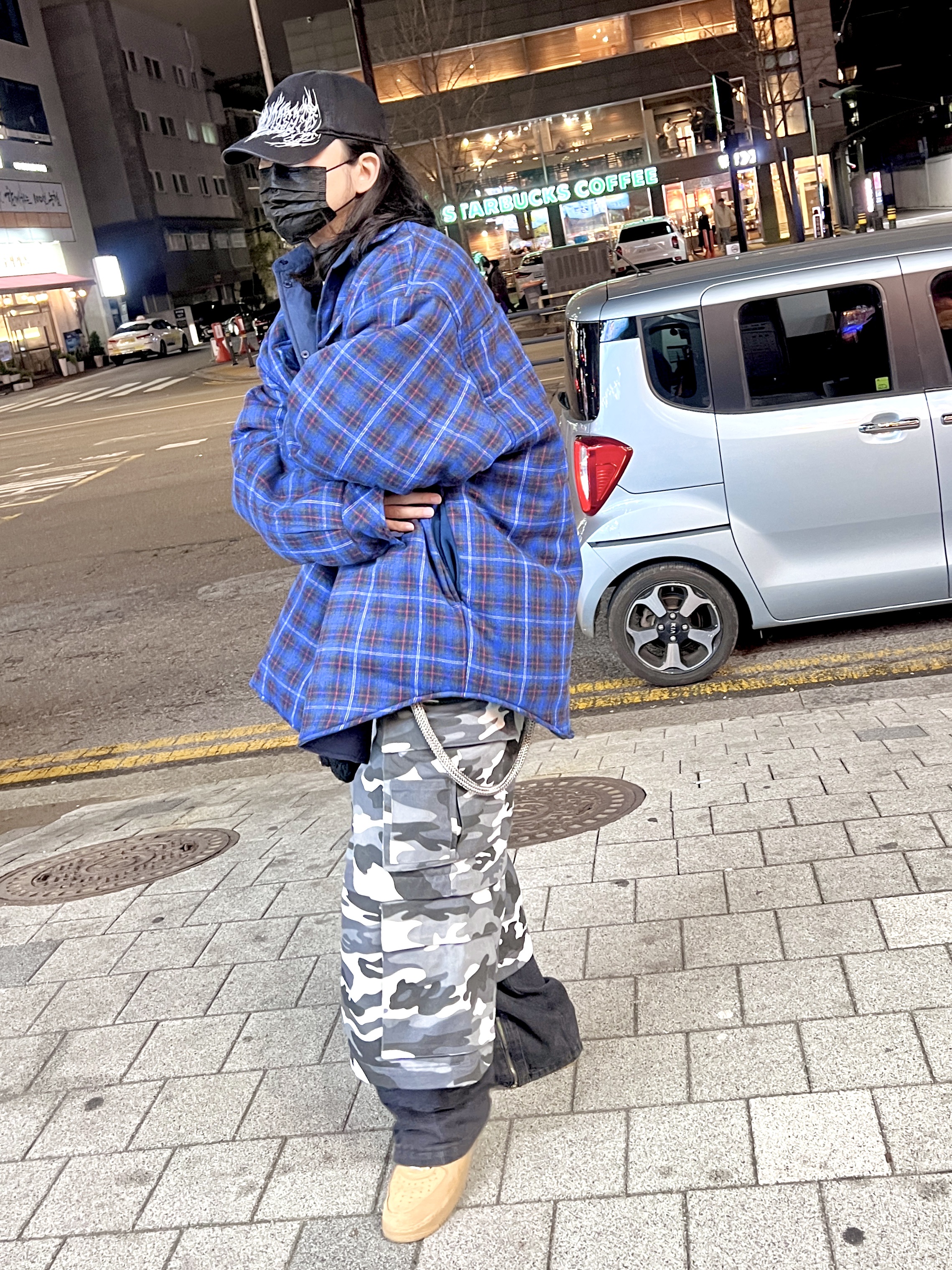Project G/R Metalic Logo Cap Black, Project G/R Reversible Padded Check Shirt Navy 착용 스타일 - 3
