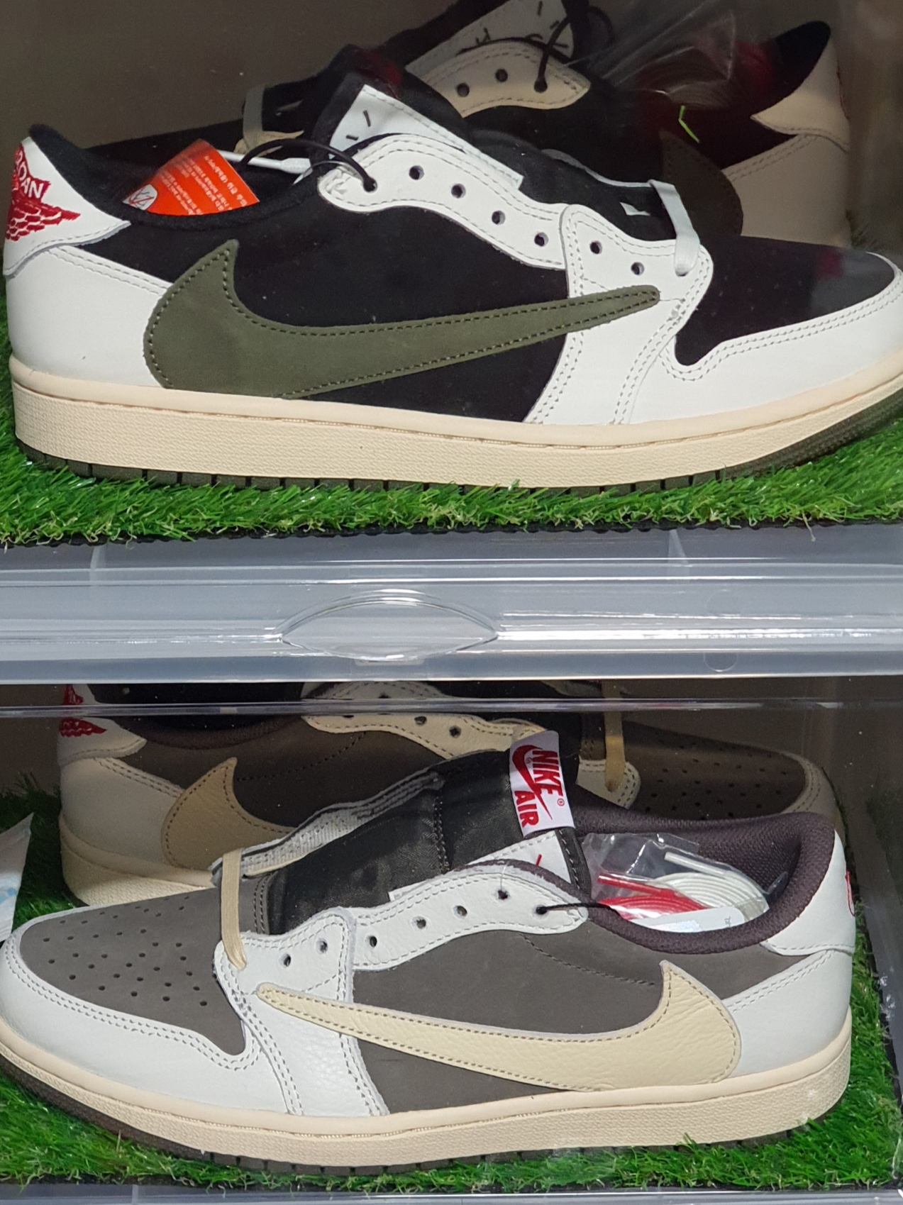 Jordan 1 x Travis Scott Retro Low OG SP Sail and Ridgerock, (W) Jordan 1 x Travis Scott Retro Low OG SP Medium Olive 착용 스타일