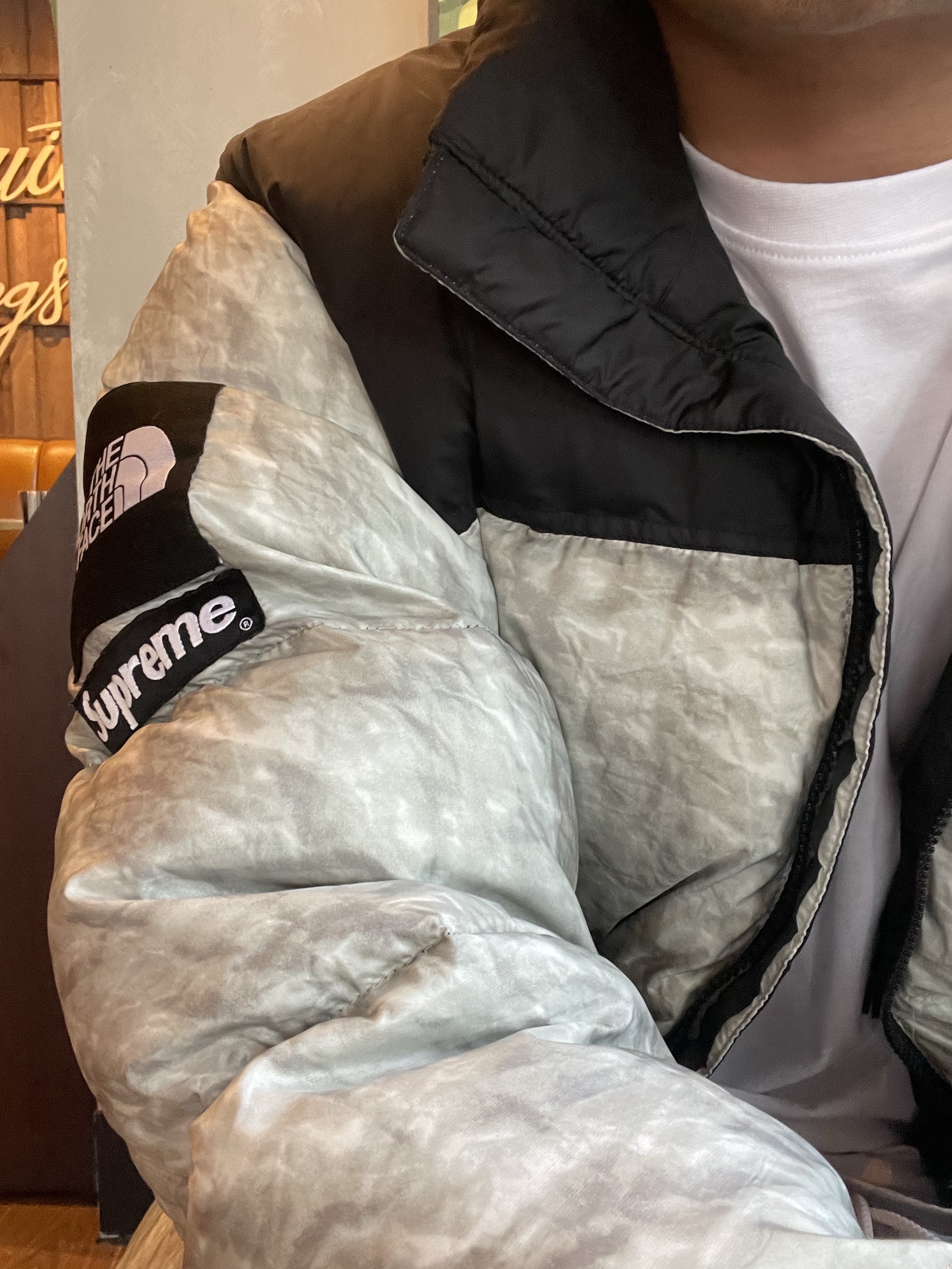 Supreme x The North Face Paper Print Nuptse Jacket - 19FW, Nike NRG Solo Swoosh Fleece Pants Dark Grey Heather - US/EU 착용 스타일 - 2