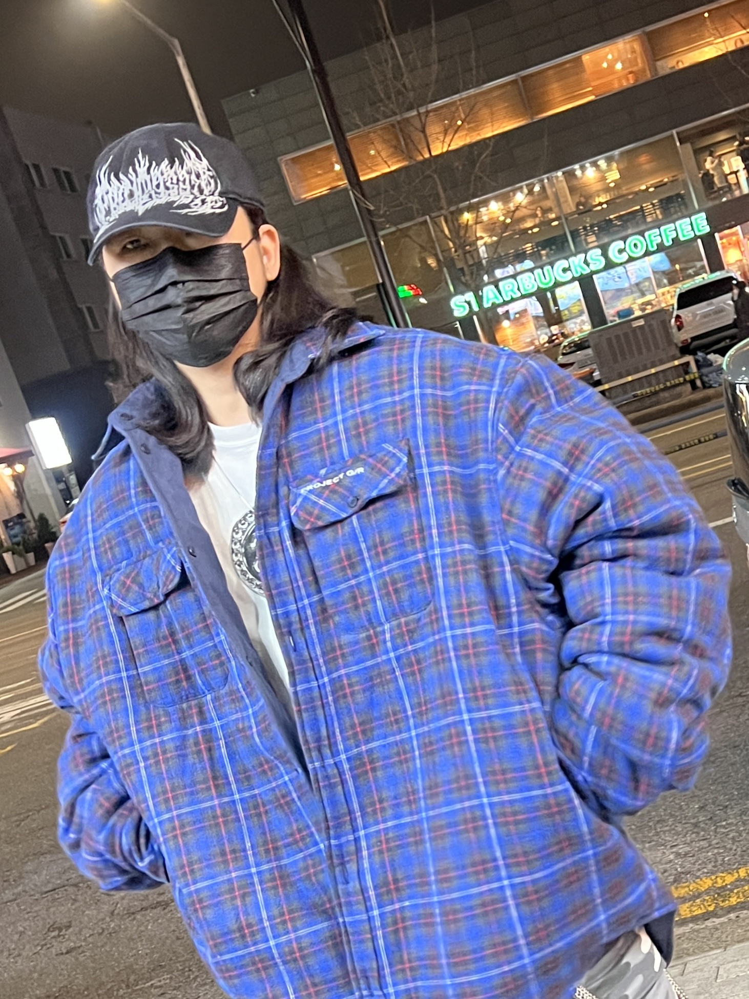 Project G/R Metalic Logo Cap Black, Project G/R Reversible Padded Check Shirt Navy 착용 스타일 - 2