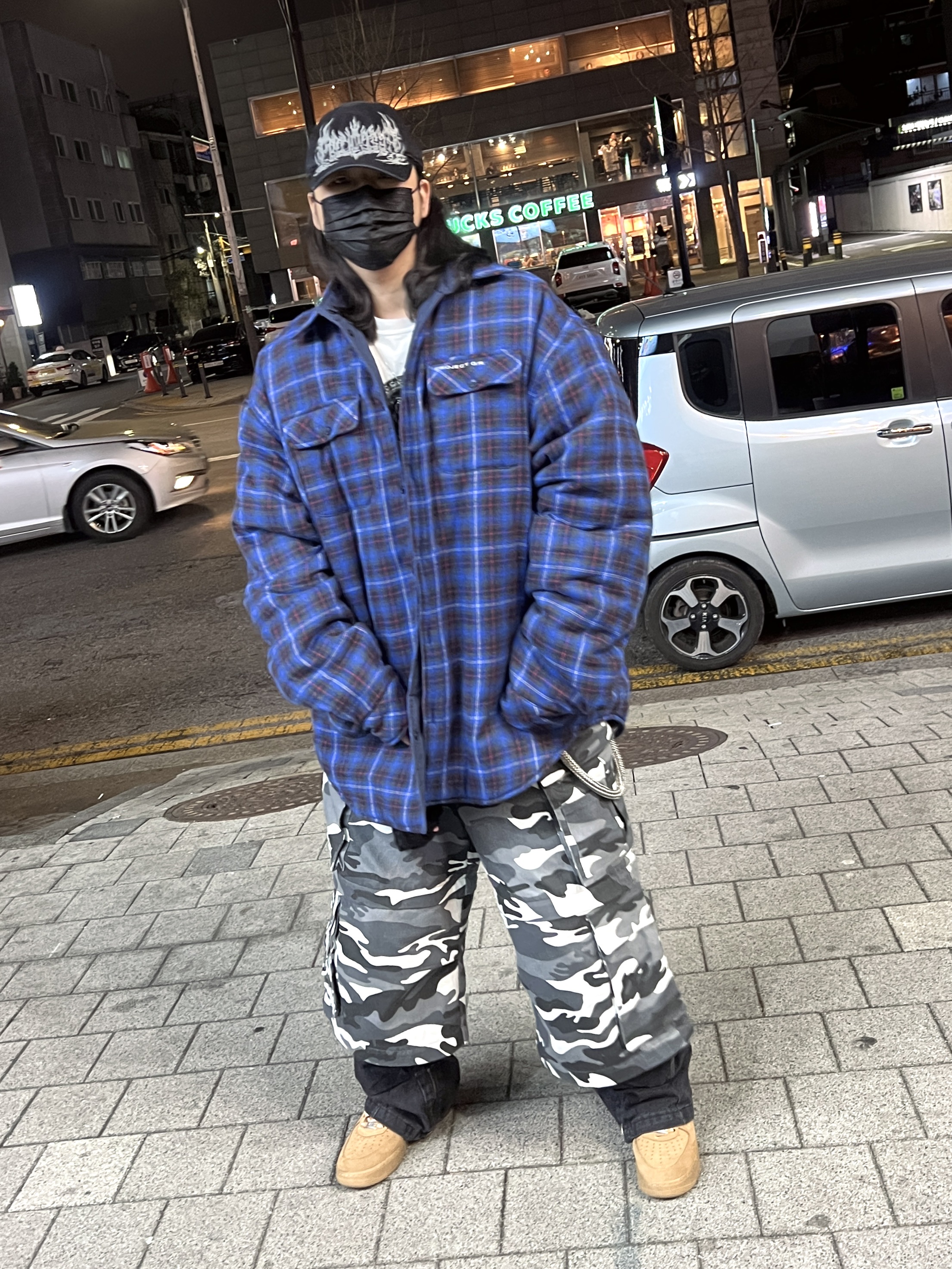 Project G/R Metalic Logo Cap Black, Project G/R Reversible Padded Check Shirt Navy 착용 스타일 - 1