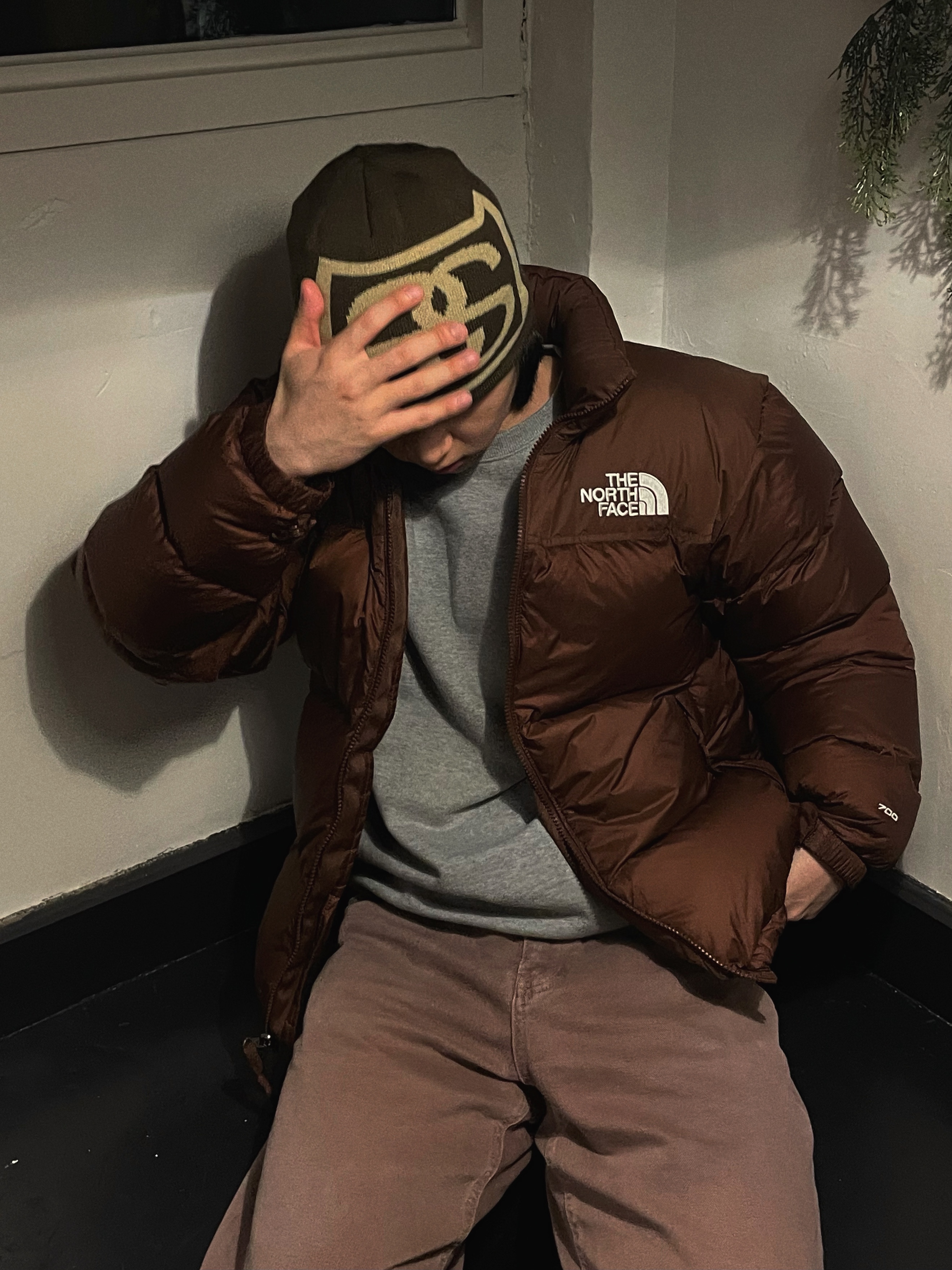 The North Face 1996 Retro Nuptse Jacket Dark Oak, Stussy SS Link Skullcap Beanie Brown 착용 스타일