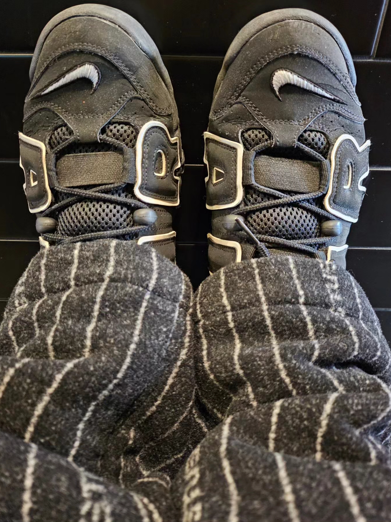 Nike Air More Uptempo Black White 2020, Nike x Stussy NRG Striped Wool Pants Black (DR4021-010) 착용 스타일 - 1