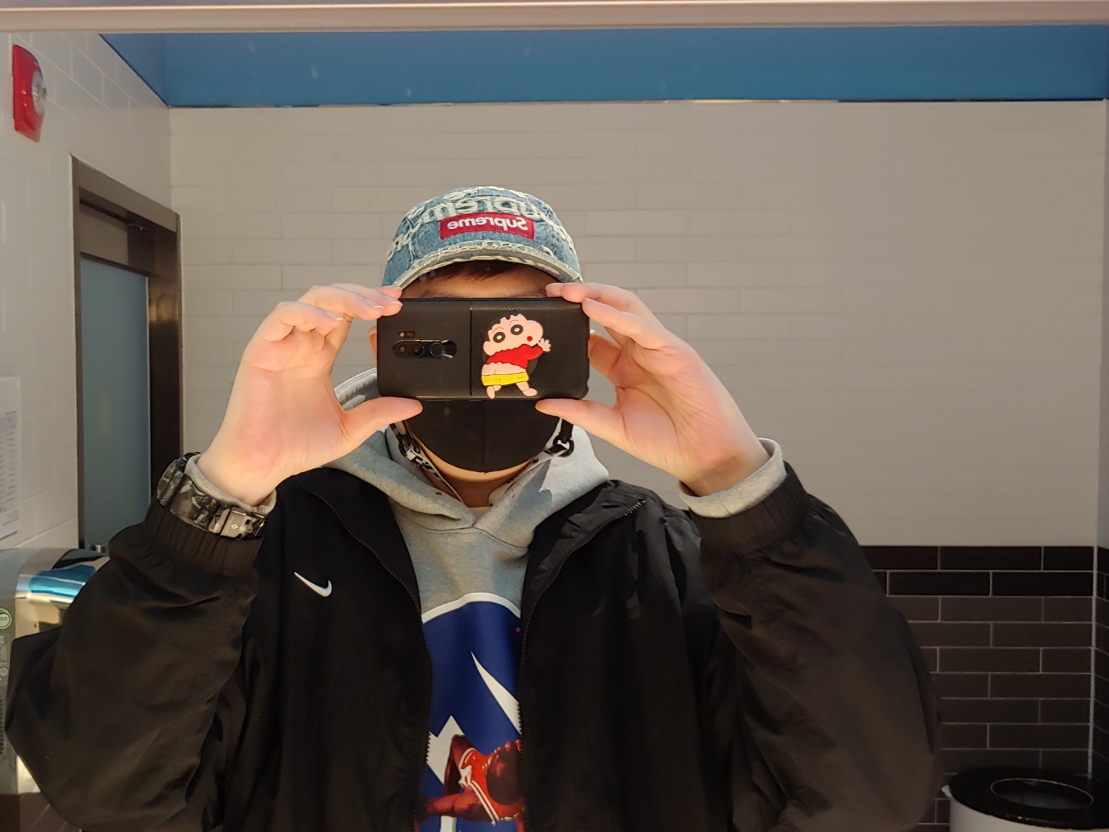 Supreme Frayed Logos Denim Camp Cap Blue - 21SS, Nike M NRG Track Jacket Black 착용 스타일 - 1
