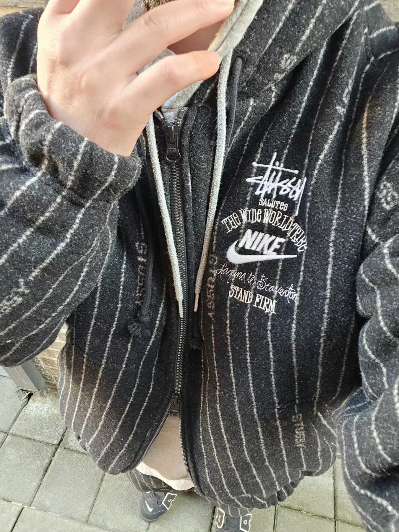 Nike Air More Uptempo Black White 2020, Nike x Stussy NRG Striped Wool Pants Black (DR4021-010) 착용 스타일 - 3
