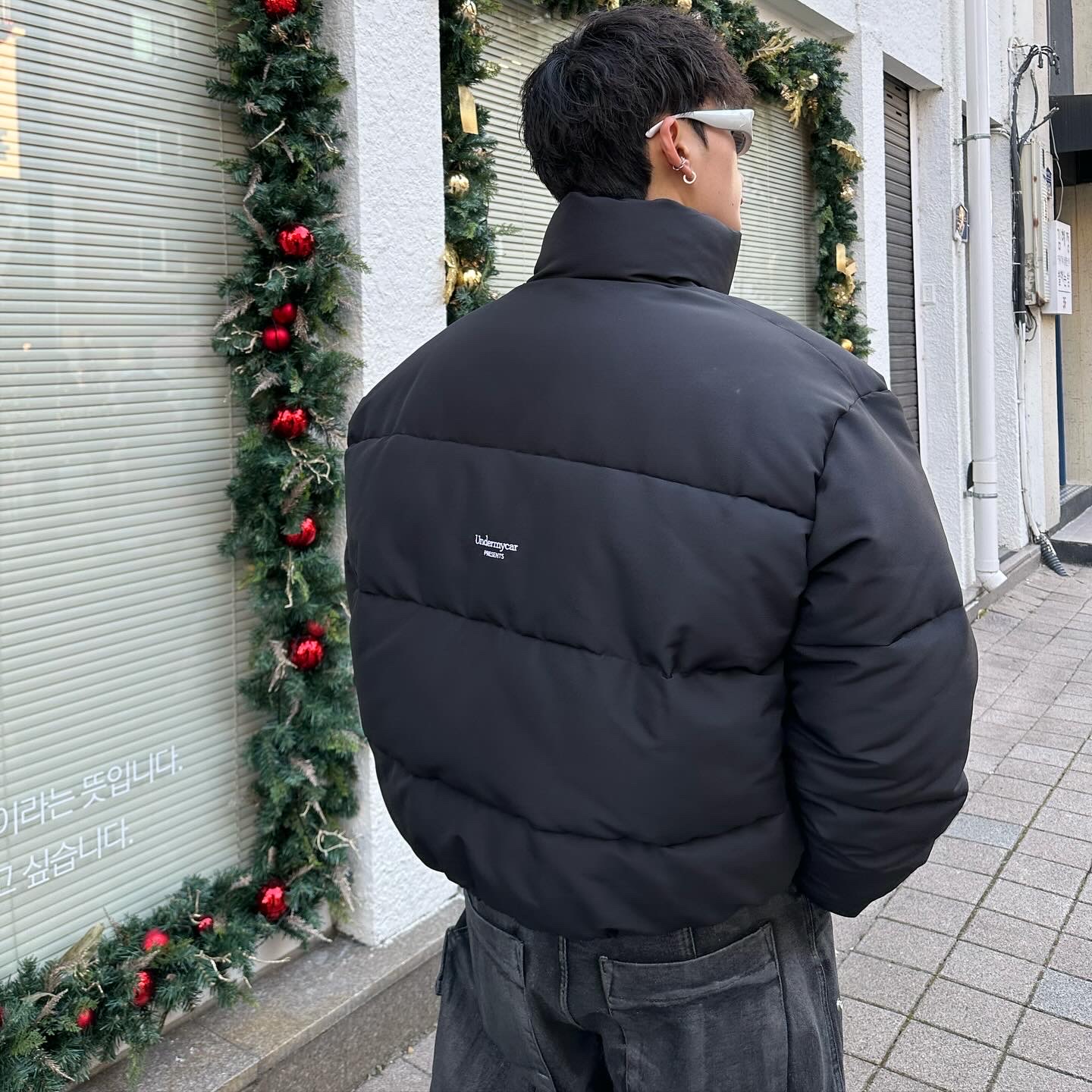 Undermycar Mu.15 Anti Fxxking Logo Play Triple Logo Crop Padding Jacket Black, Balenciaga Defender Sneakers Black 착용 스타일 - 6