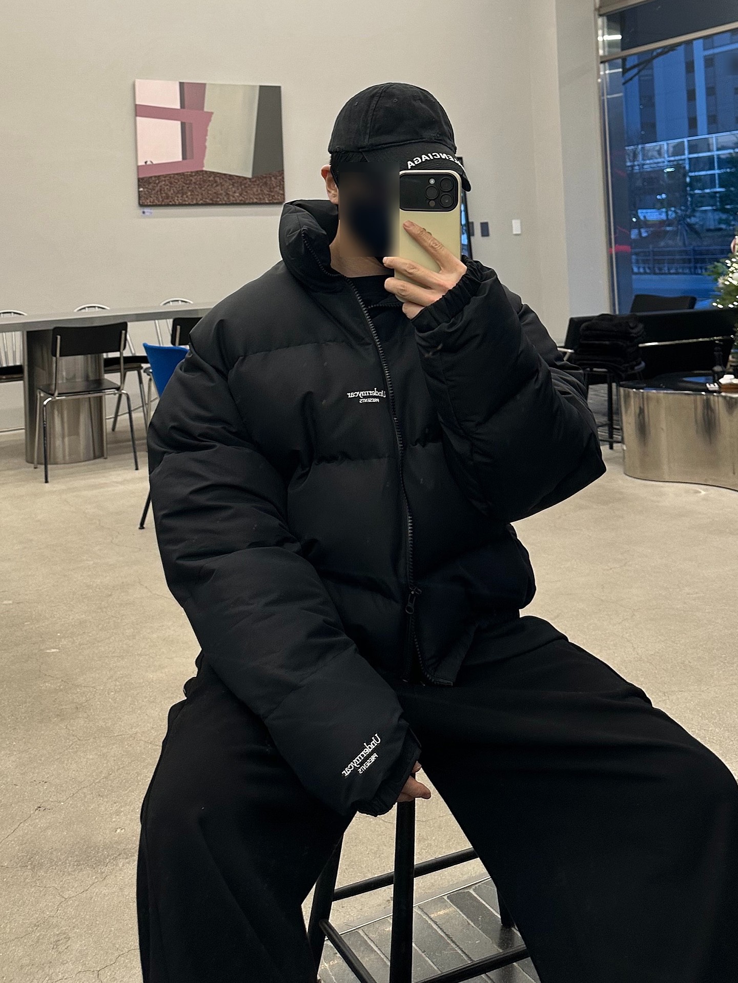 Undermycar Mu.15 Anti Fxxking Logo Play Triple Logo Crop Padding Jacket Black, Balenciaga Cap Black 착용 스타일 - 2
