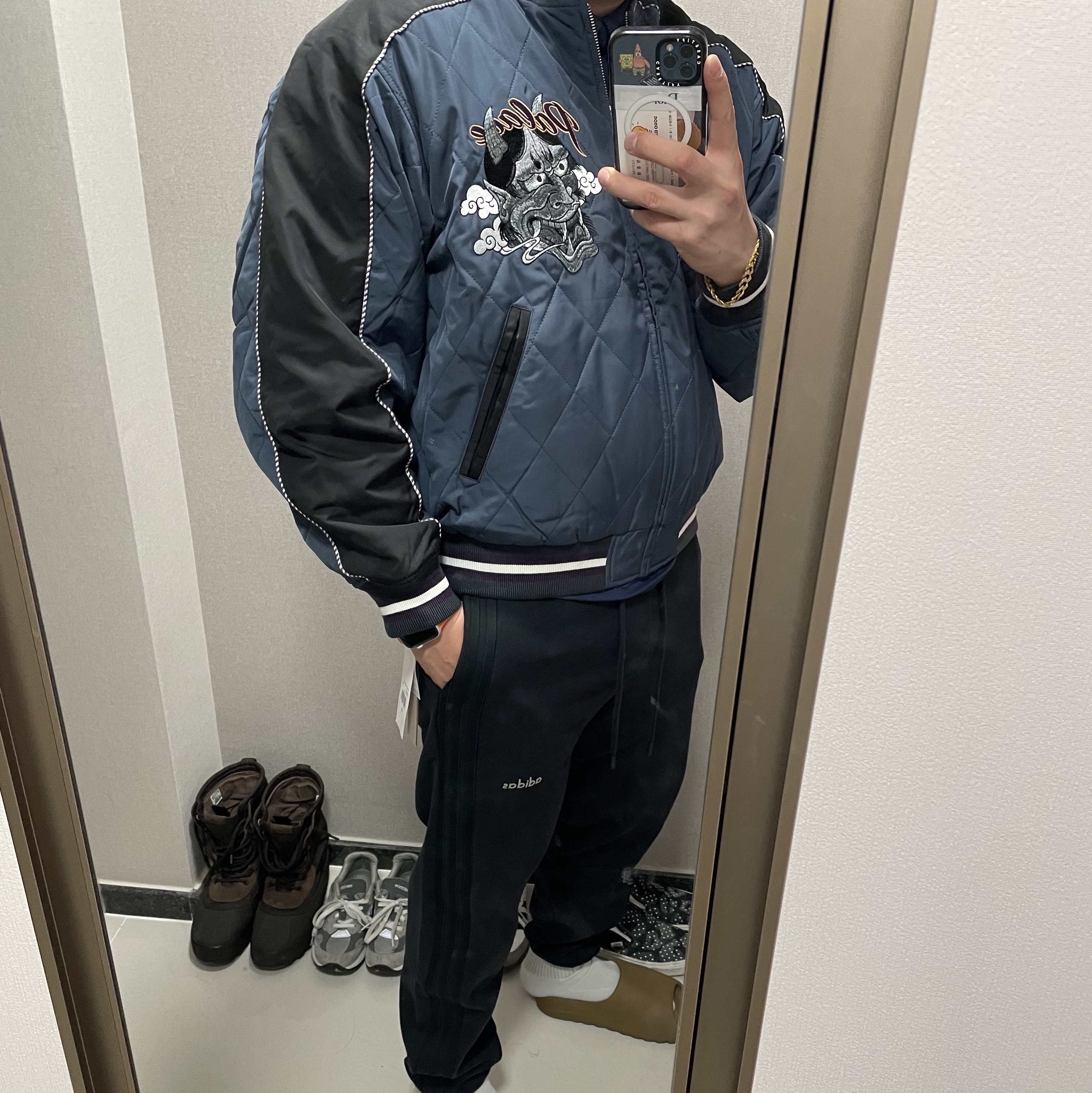 Palace Festival Bomber Jacket Black - 23FW, Adidas x Fear of God Athletics Heavy Fleece Sweatpants Black - KR Sizing 착용 스타일 - 2