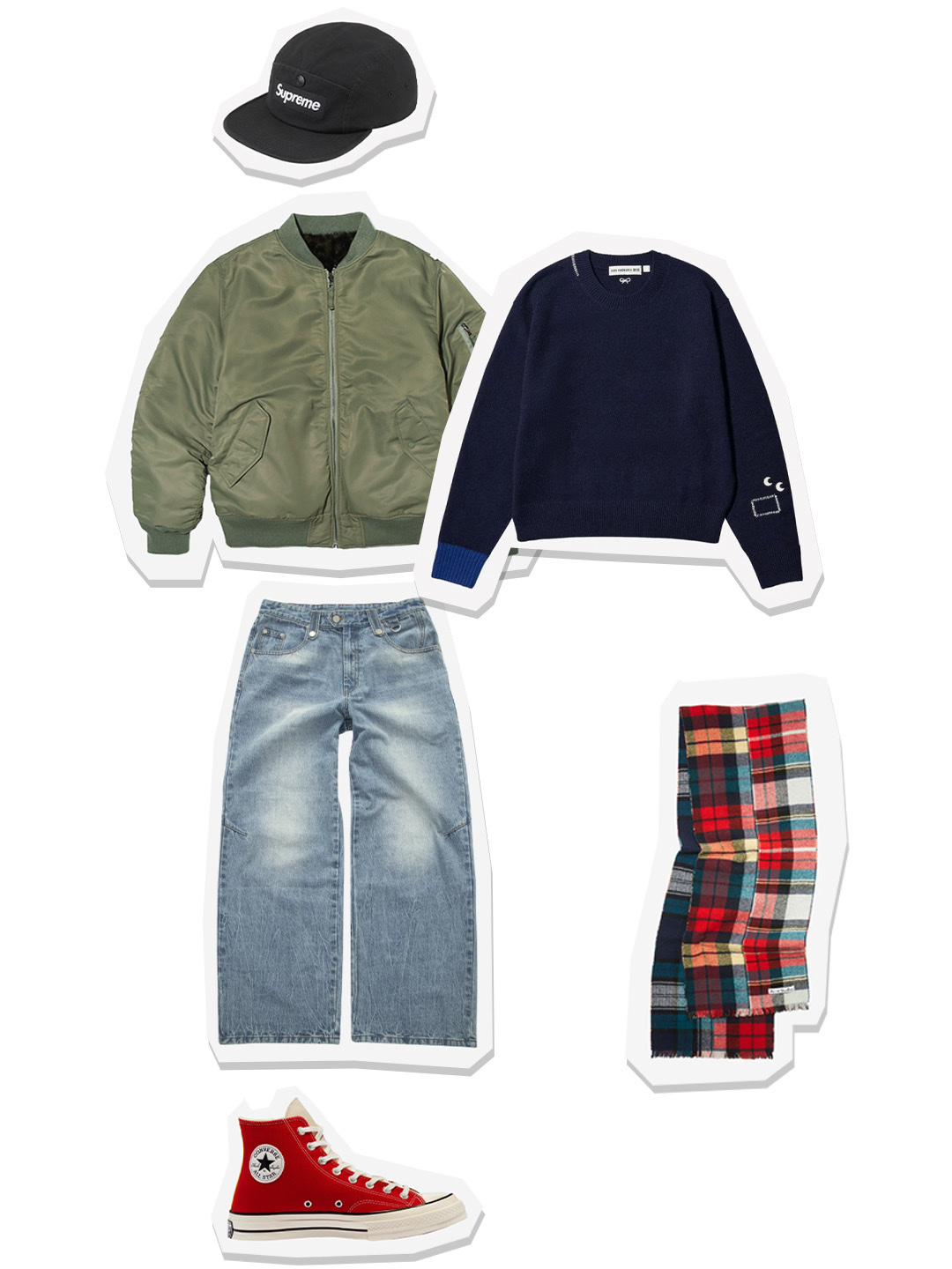 Uniqlo x Anya Hindmarch Premium Lambswool Long Sleeve Crew Neck Sweater Navy, Converse Chuck 70 High Tri-Panel Team Red 착용 스타일 - 1