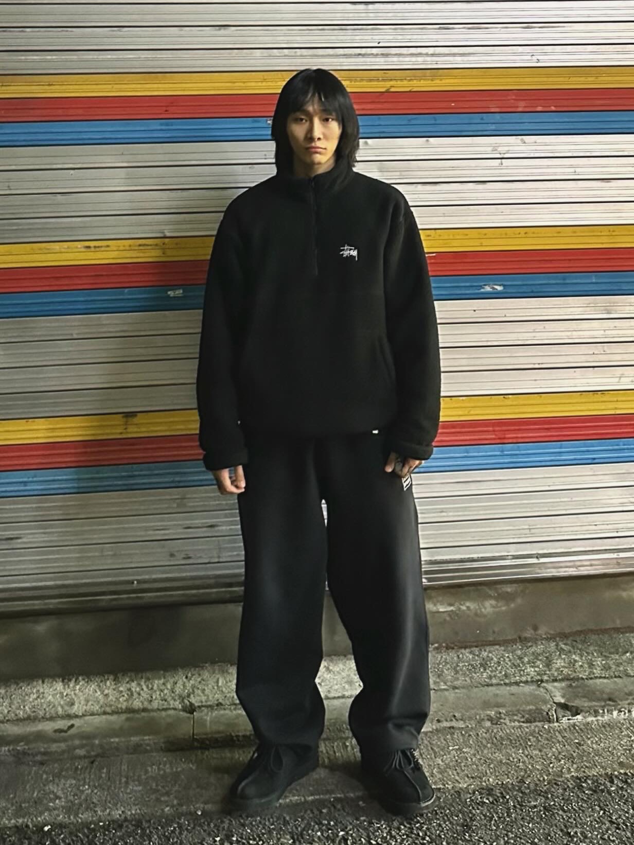 Nike x Stussy NRG Washed Fleece Pants Black (DO5296-010), Stussy Half Zip Mock Neck Black 착용 스타일 - 2