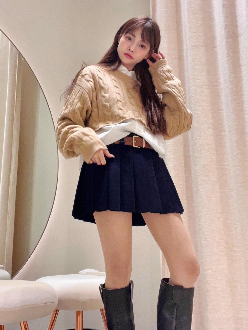 (W) Shushu/Tong Ruffled Pleat Short Skirt Black, Green Butter Women Pintuck Pleats Skirt Pants Belt Set Charcoal 착용 스타일 - 2