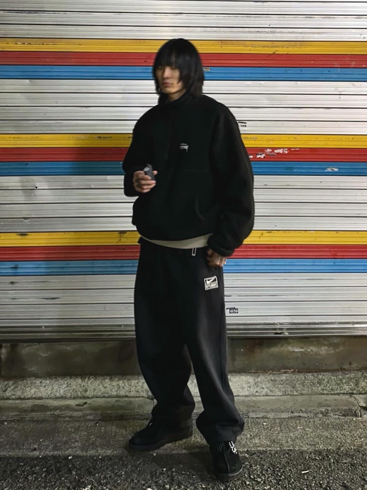 Nike x Stussy NRG Washed Fleece Pants Black (DO5296-010), Stussy Half Zip Mock Neck Black 착용 스타일 - 1