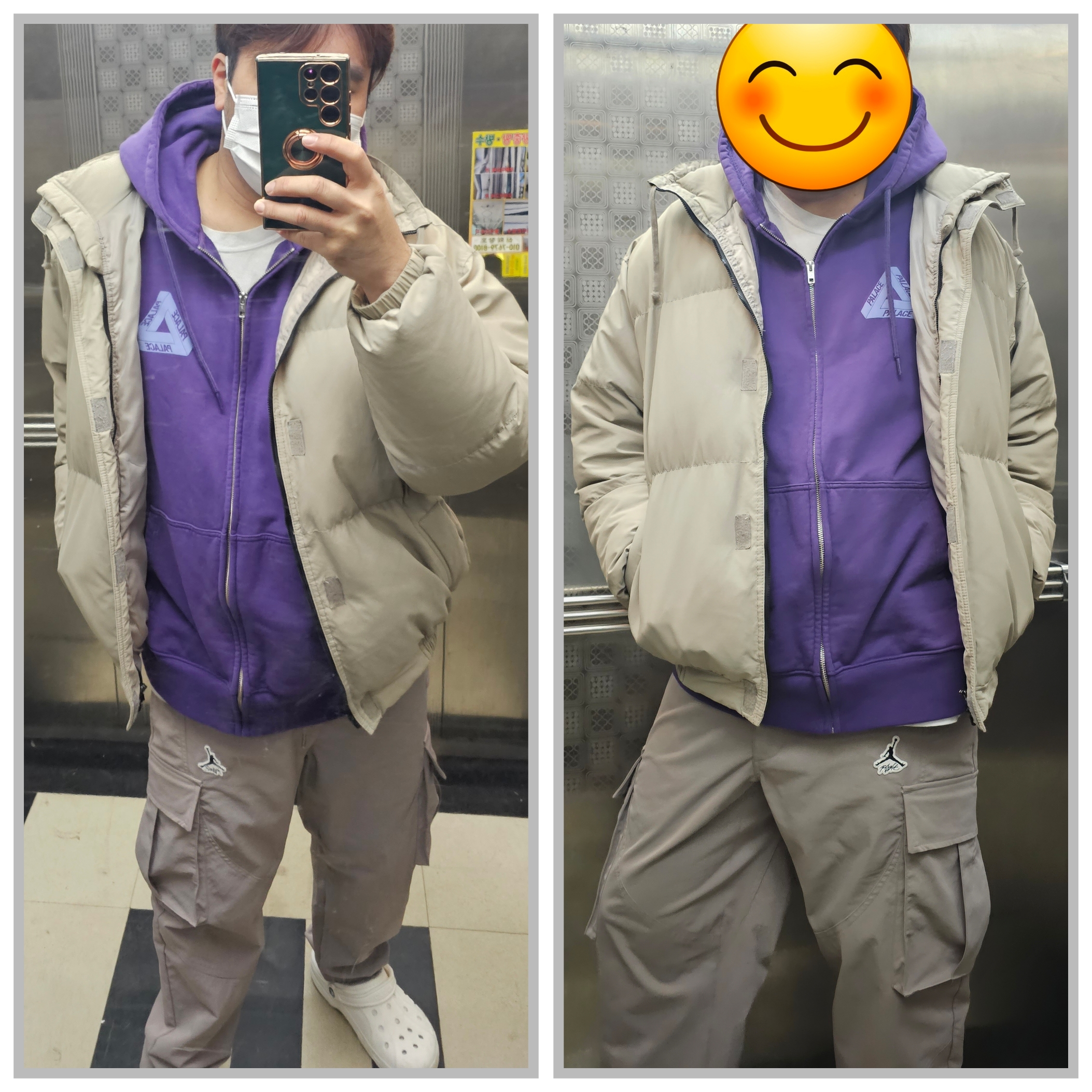 Essentials Puffer Jacket Moss - 20FW, Palace Tri-Puff Print Zip Hood Perfcet Purple - 23SS 착용 스타일