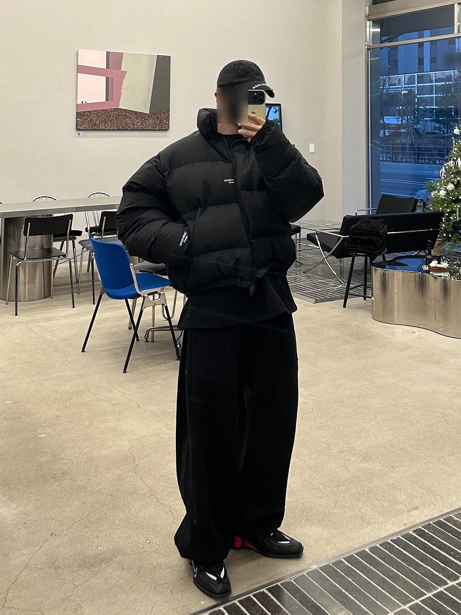 Undermycar Mu.15 Anti Fxxking Logo Play Triple Logo Crop Padding Jacket Black, Balenciaga Cap Black 착용 스타일 - 1