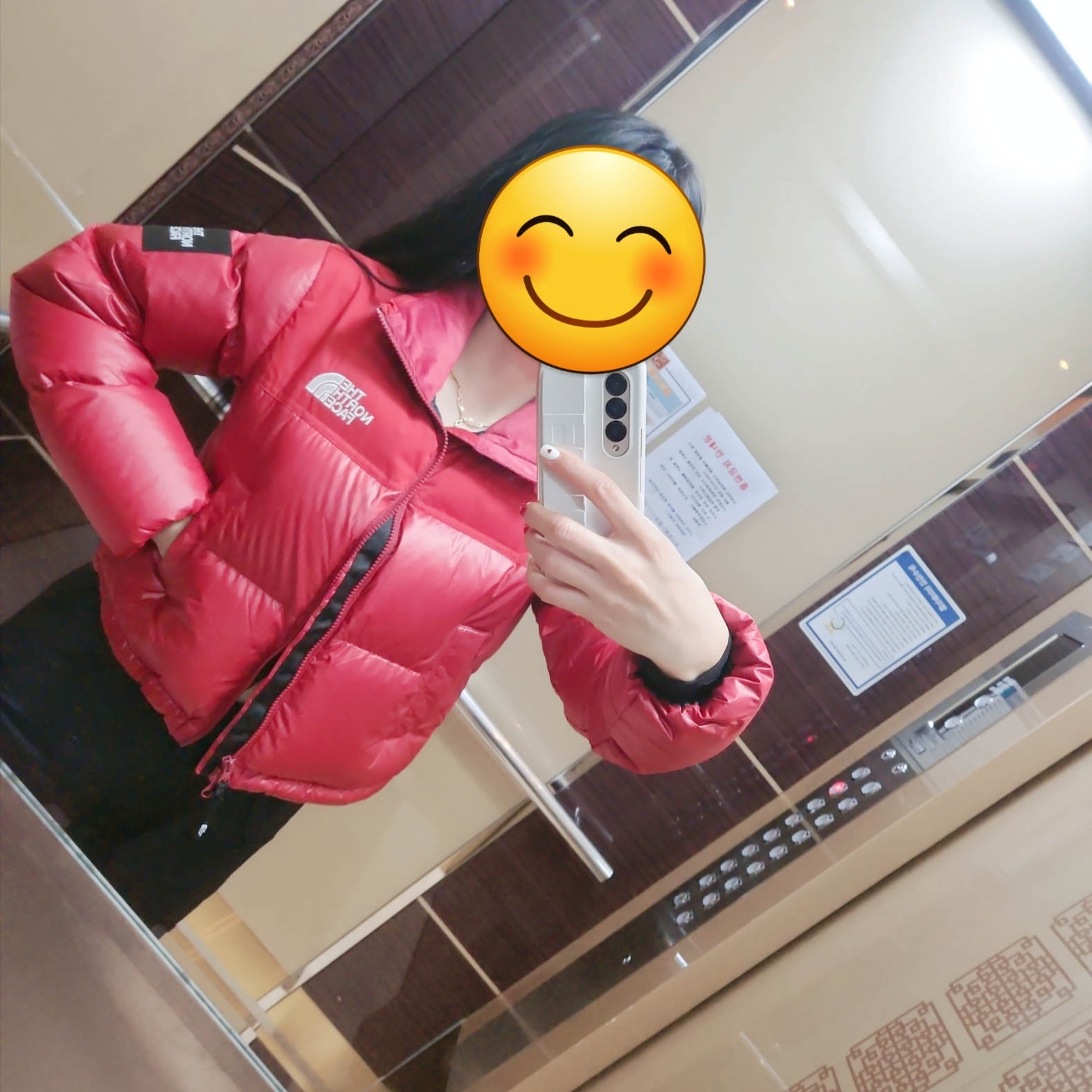 (W) The North Face White Label Novelty Nuptse Down Jacket Dark Red 착용 스타일 - 4