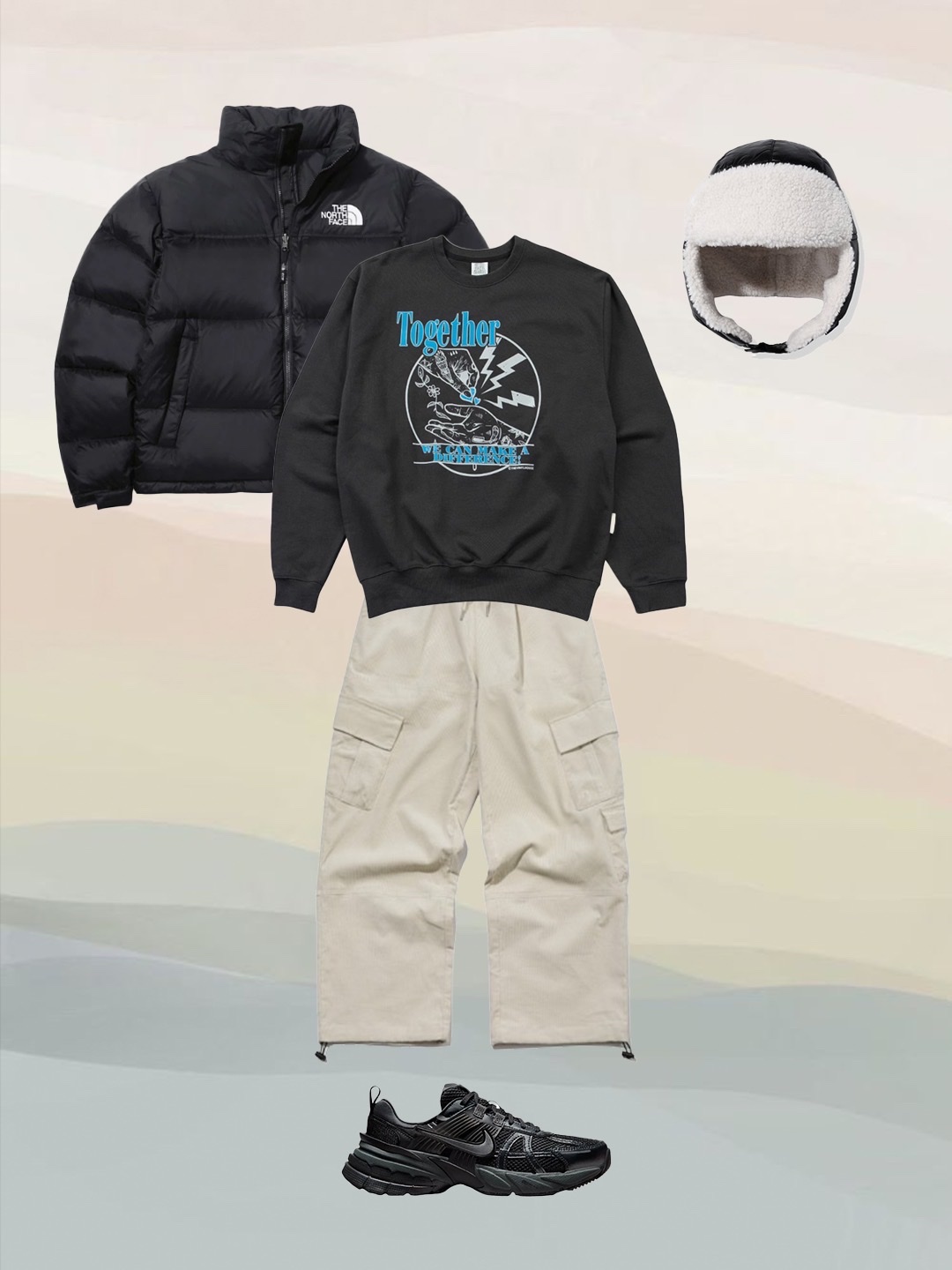 The North Face 1996 Retro Nuptse Jacket Black, Thevinylhouse Together Sweatshirt Charcoal 착용 스타일 - 2