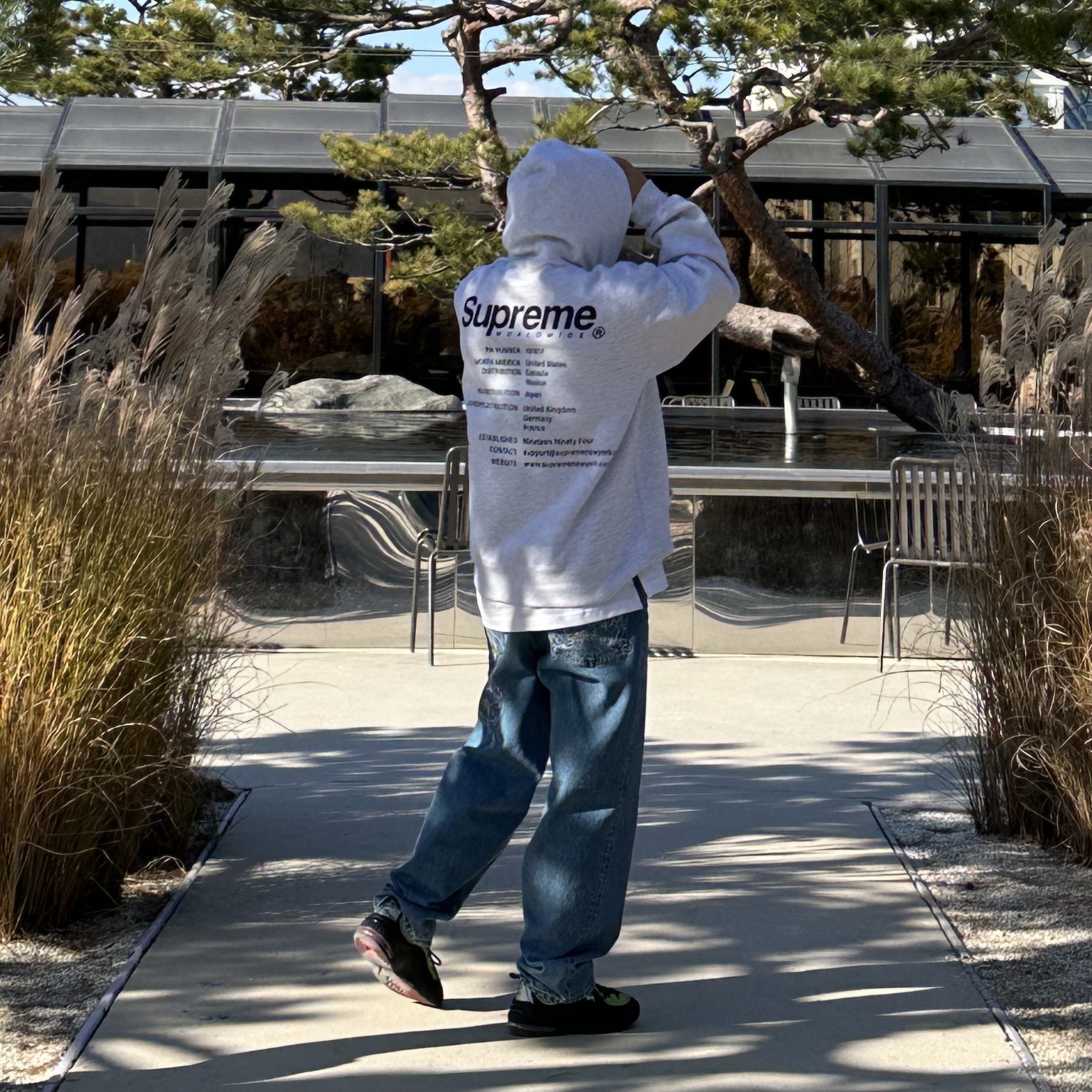 Supreme Worldwide Hooded Sweatshirt Ash Grey - 23SS, Supreme x Coogi Baggy Jean Blue - 23SS 착용 스타일